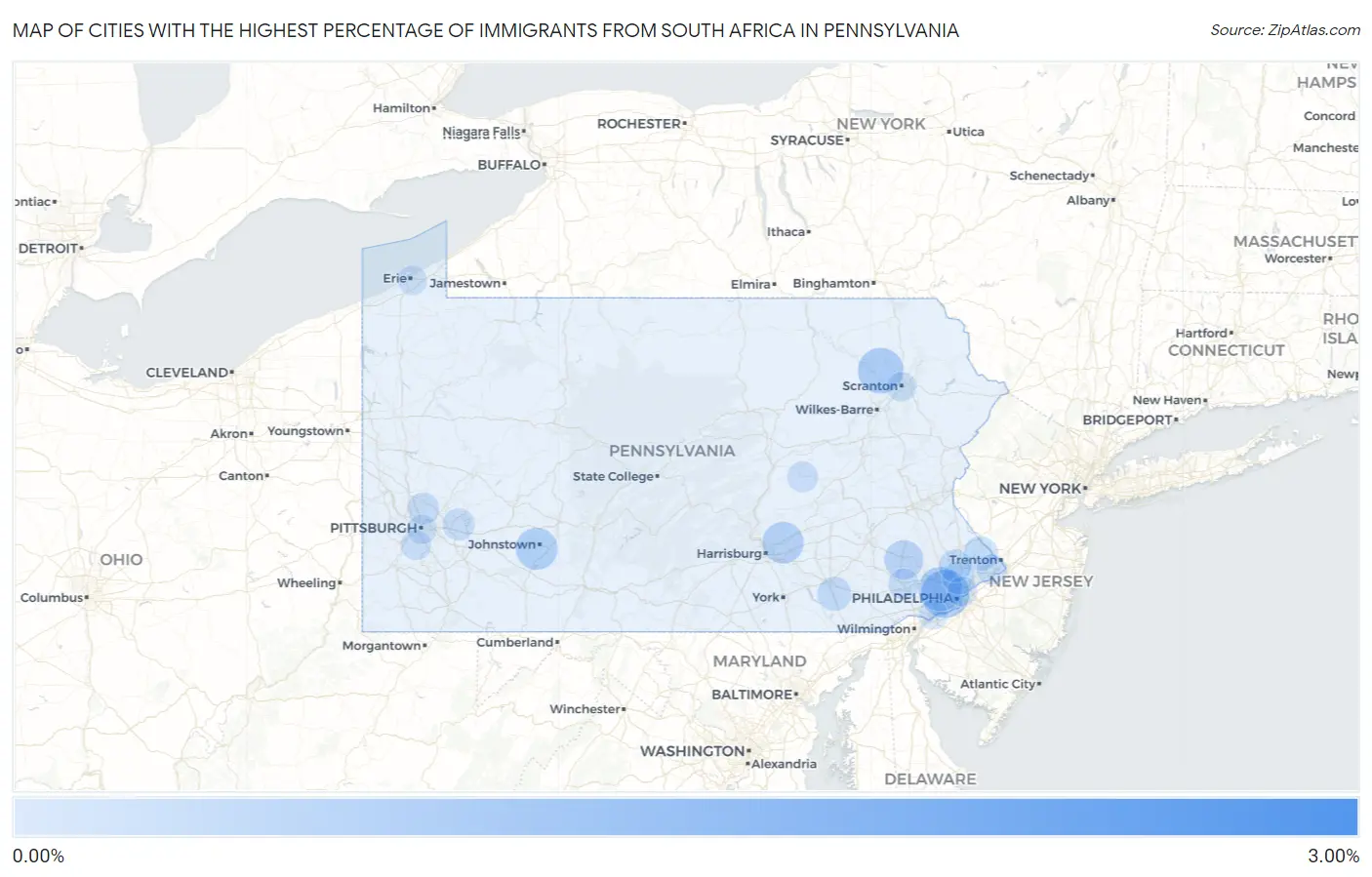 Cities with the Highest Percentage of Immigrants from South Africa in Pennsylvania Map