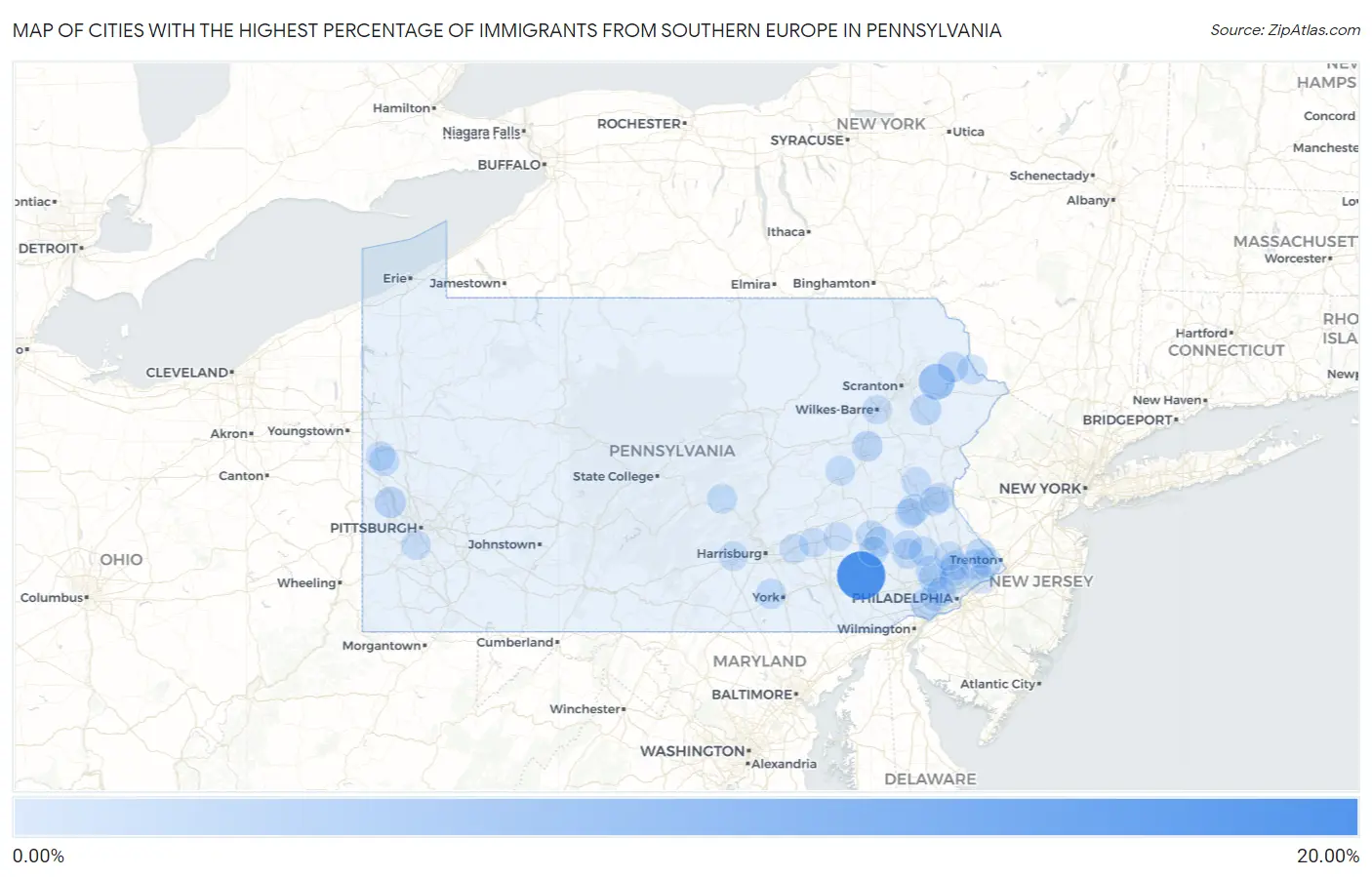 Cities with the Highest Percentage of Immigrants from Southern Europe in Pennsylvania Map