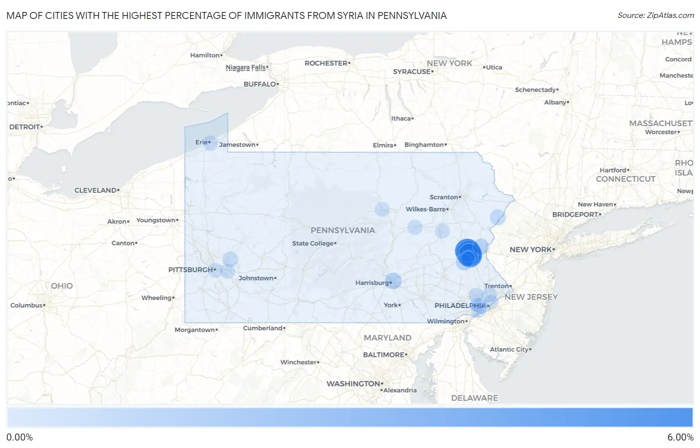 Cities with the Highest Percentage of Immigrants from Syria in Pennsylvania Map