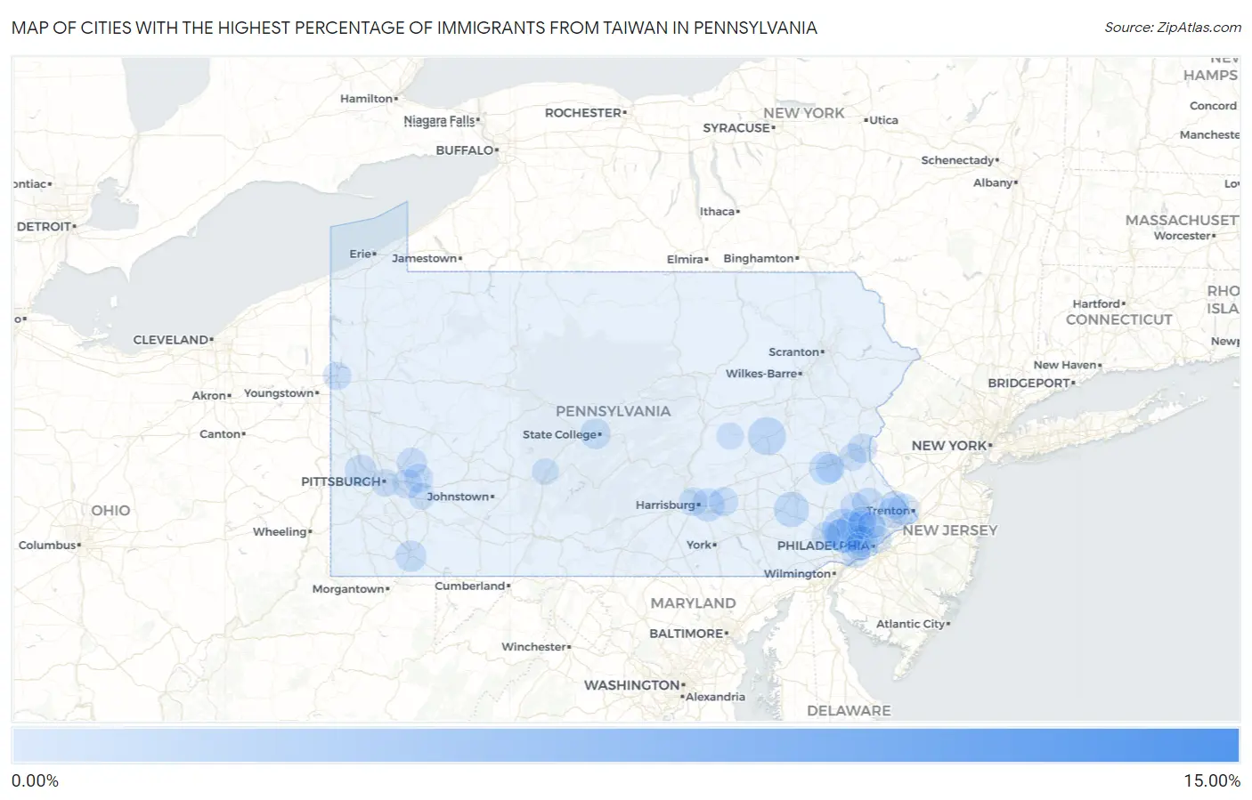 Cities with the Highest Percentage of Immigrants from Taiwan in Pennsylvania Map