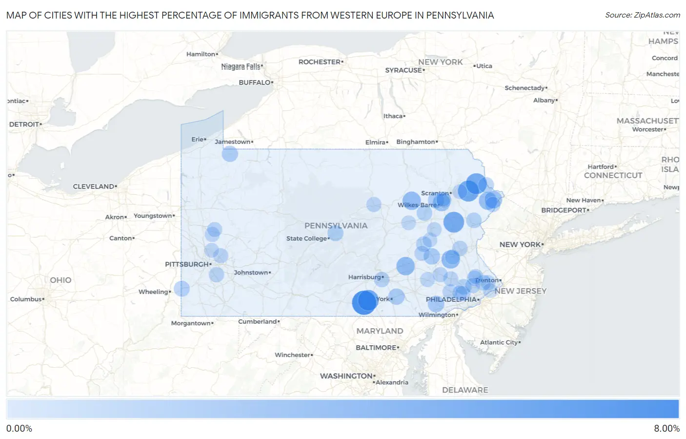Cities with the Highest Percentage of Immigrants from Western Europe in Pennsylvania Map