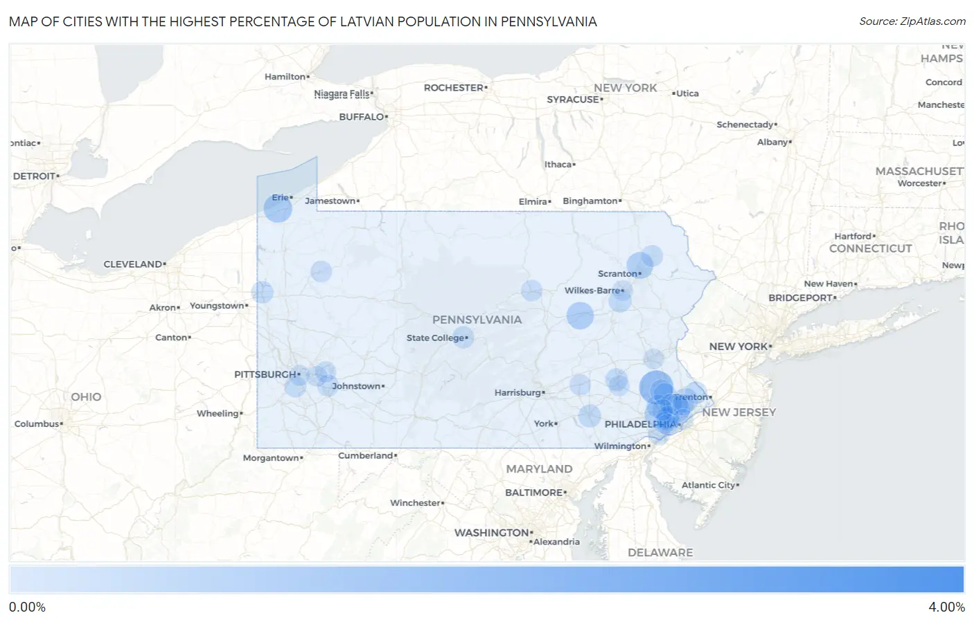 Cities with the Highest Percentage of Latvian Population in Pennsylvania Map