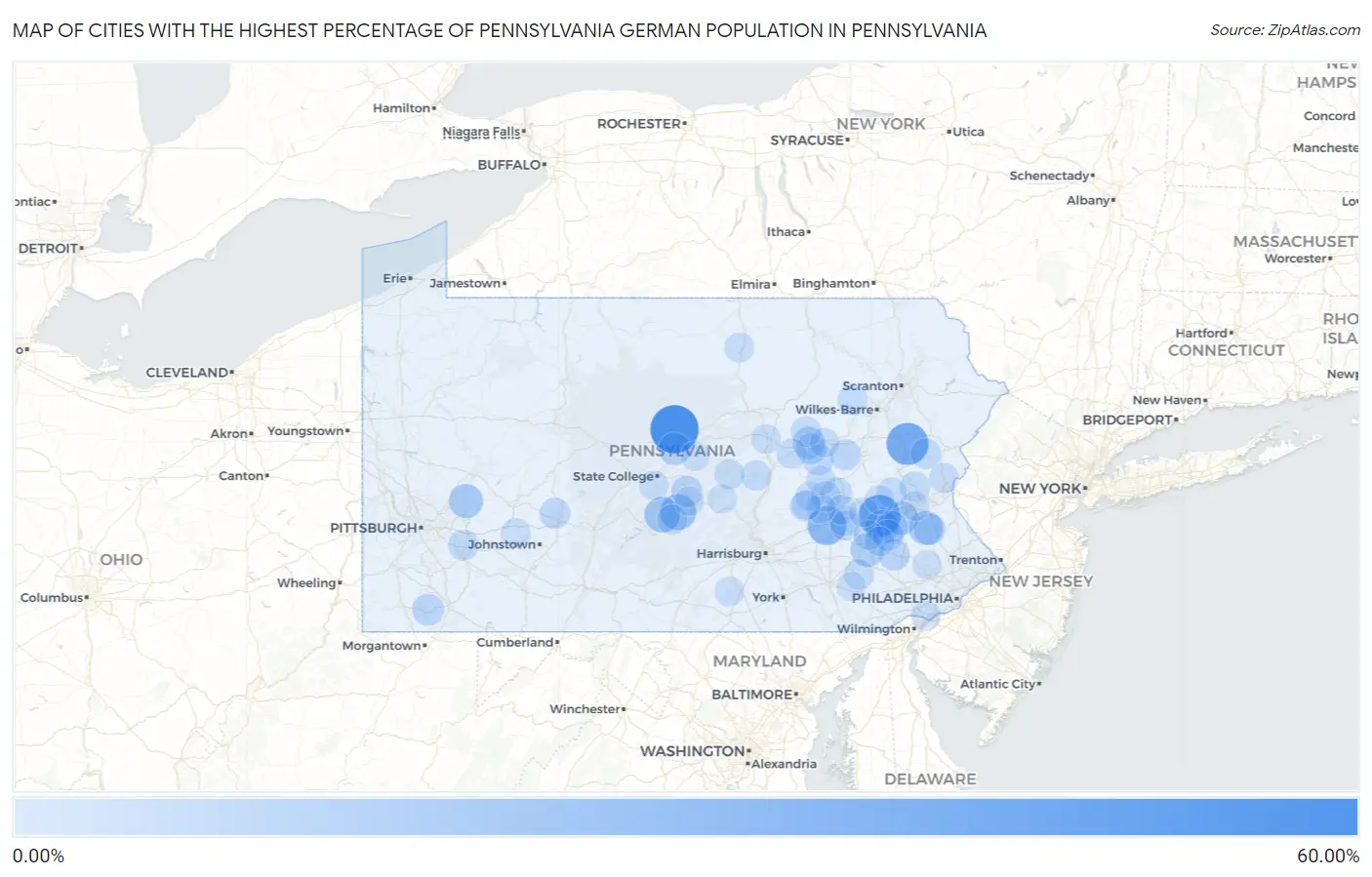 Cities with the Highest Percentage of Pennsylvania German Population in Pennsylvania Map