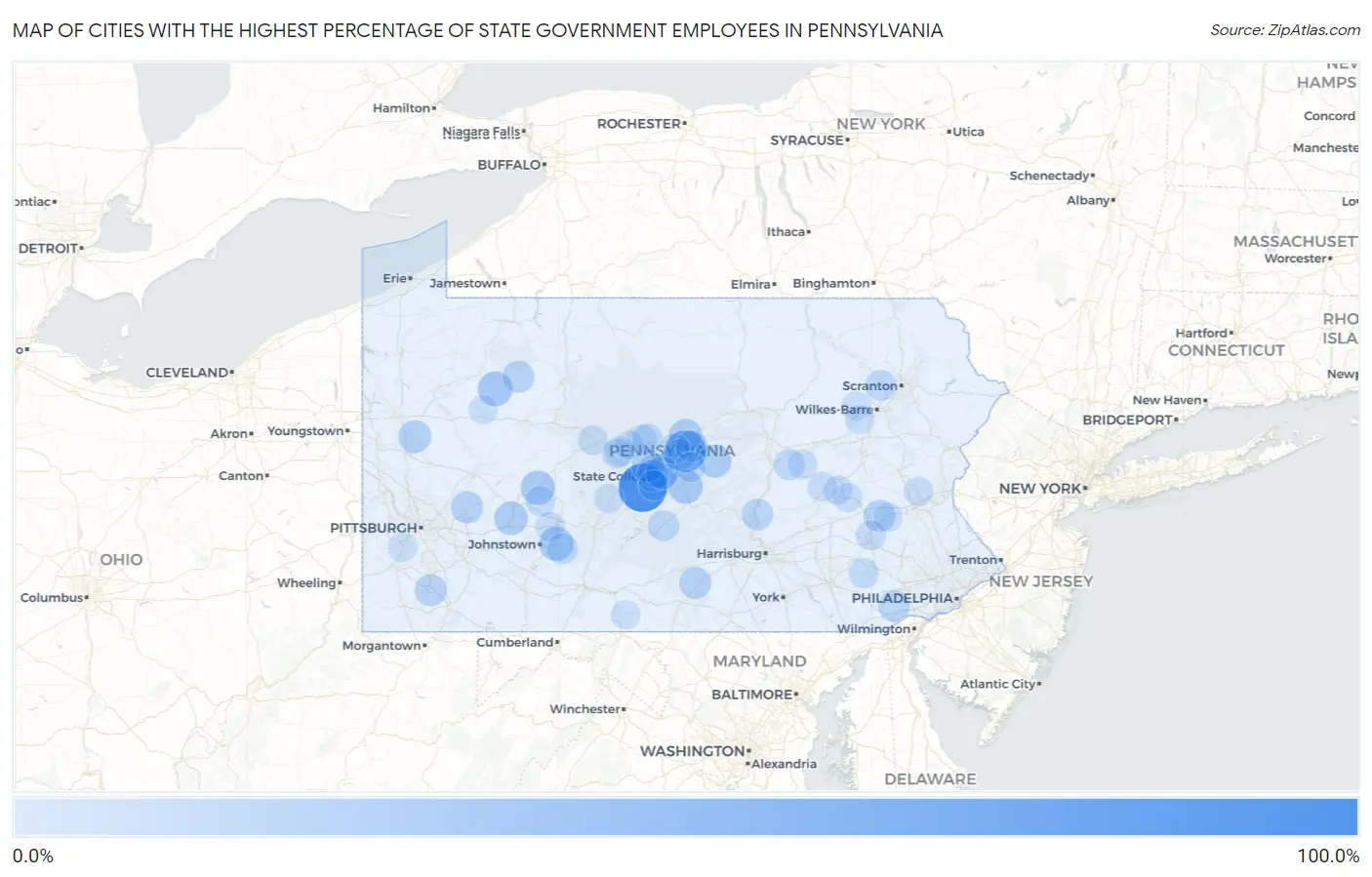 Cities with the Highest Percentage of State Government Employees in Pennsylvania Map