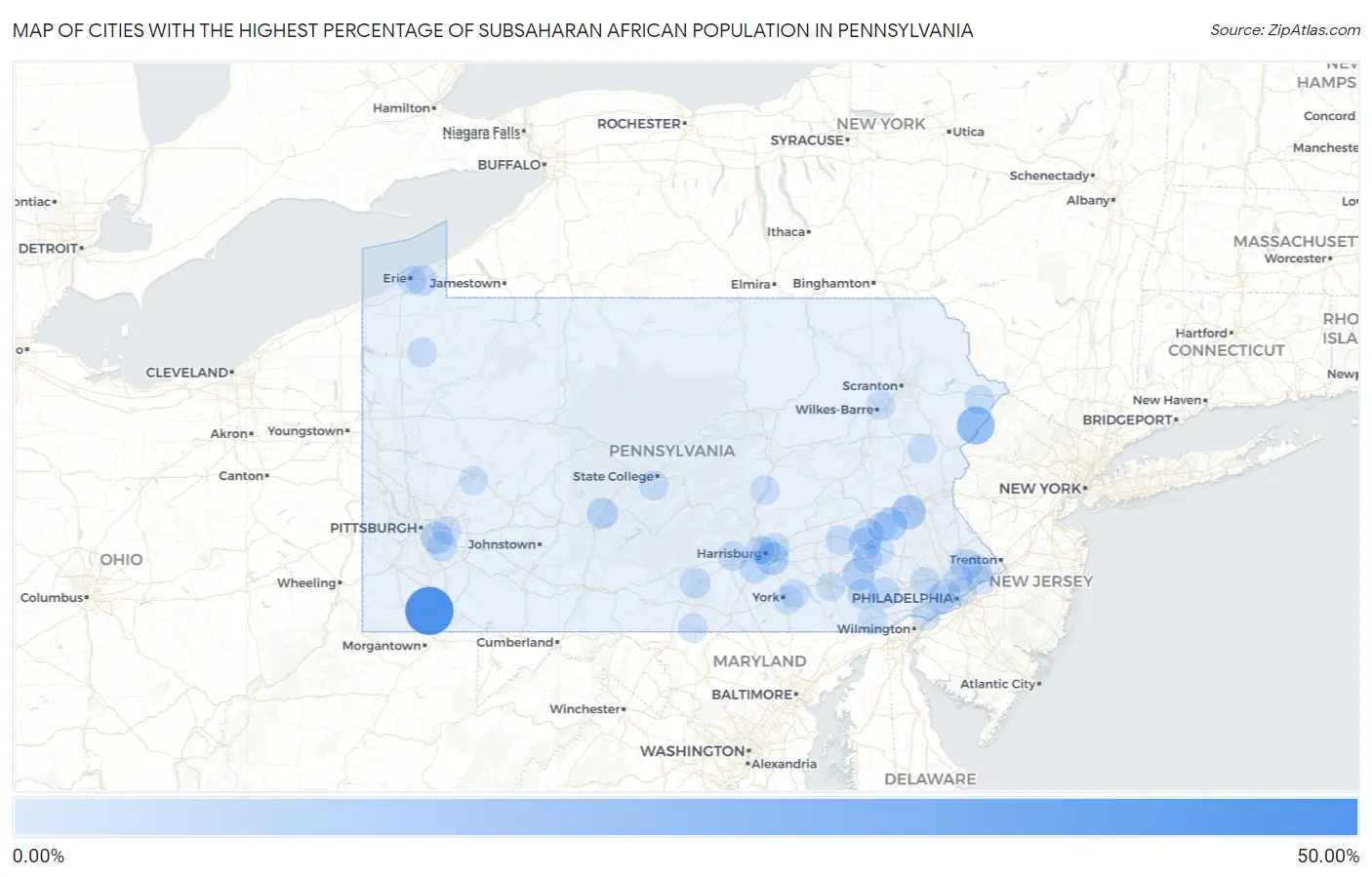 Cities with the Highest Percentage of Subsaharan African Population in Pennsylvania Map