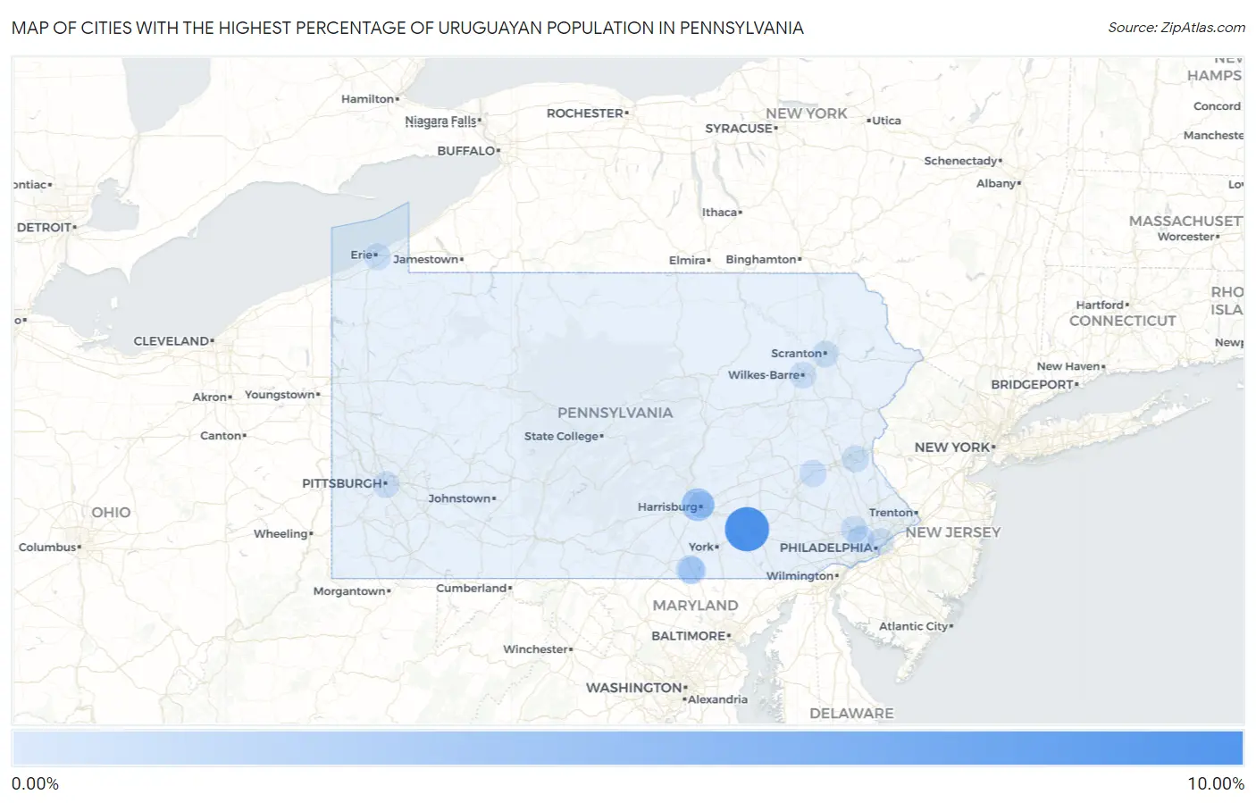 Cities with the Highest Percentage of Uruguayan Population in Pennsylvania Map