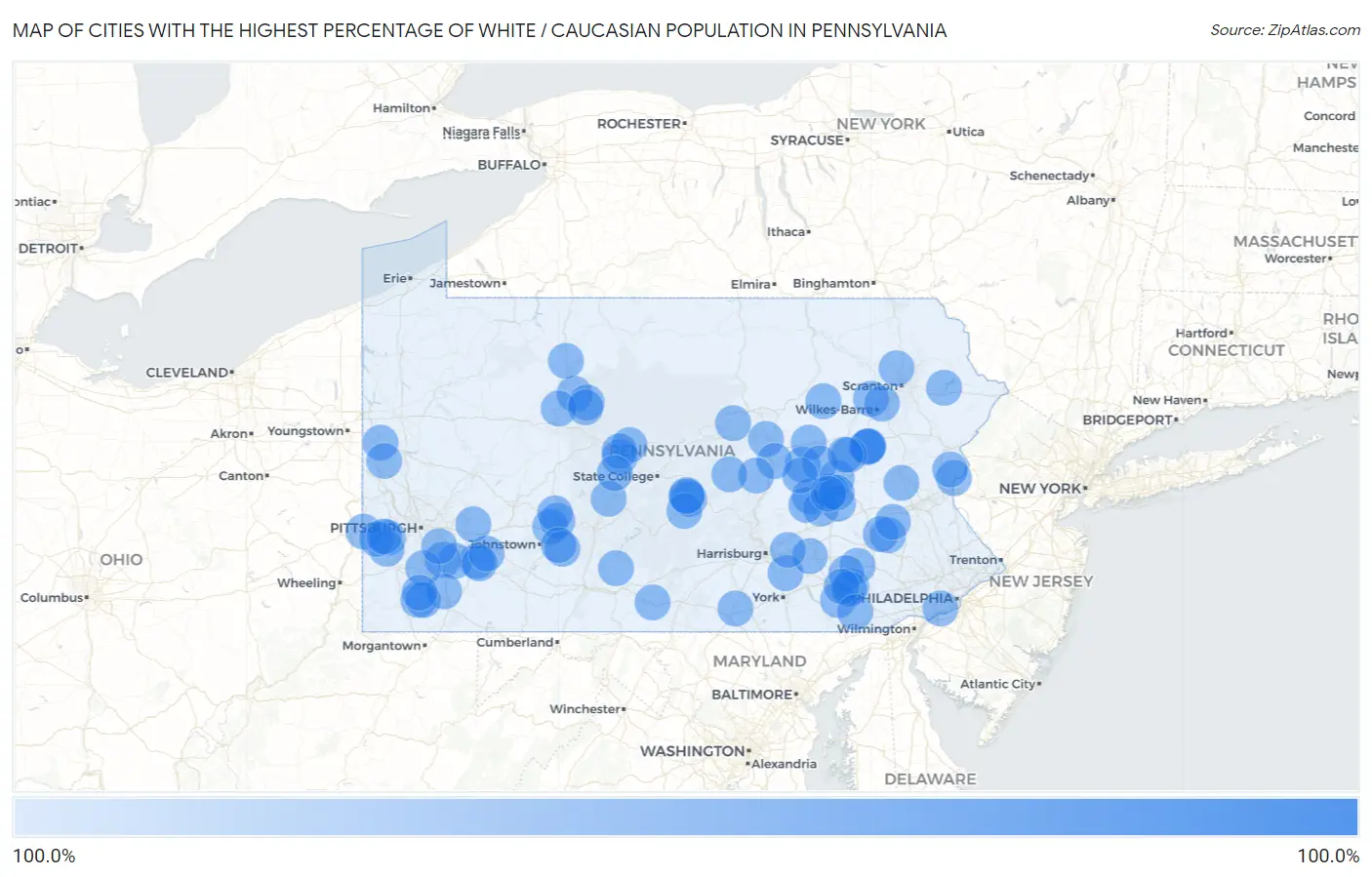 Cities with the Highest Percentage of White / Caucasian Population in Pennsylvania Map