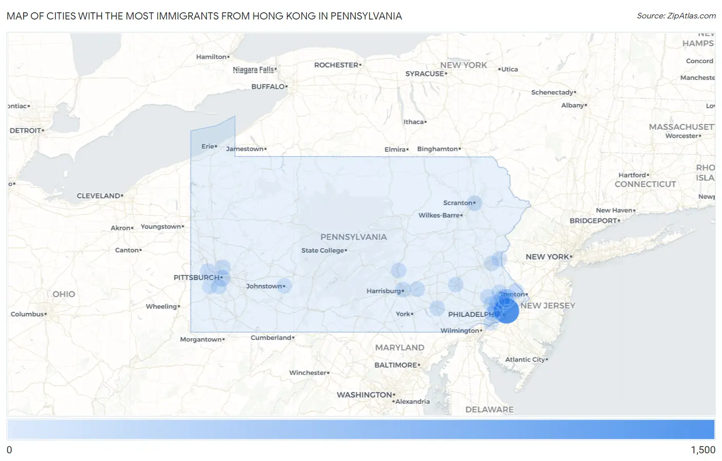 Cities with the Most Immigrants from Hong Kong in Pennsylvania Map