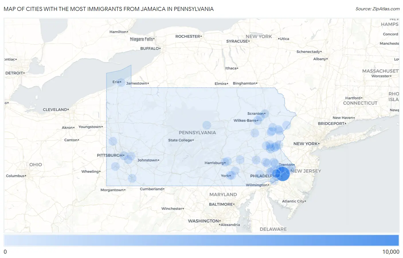 Cities with the Most Immigrants from Jamaica in Pennsylvania Map
