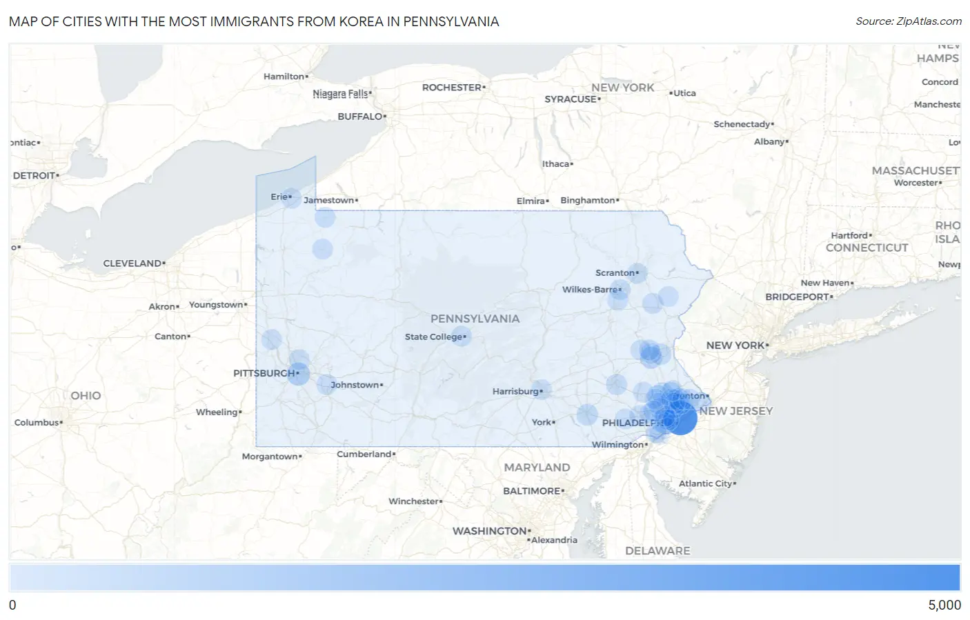 Cities with the Most Immigrants from Korea in Pennsylvania Map