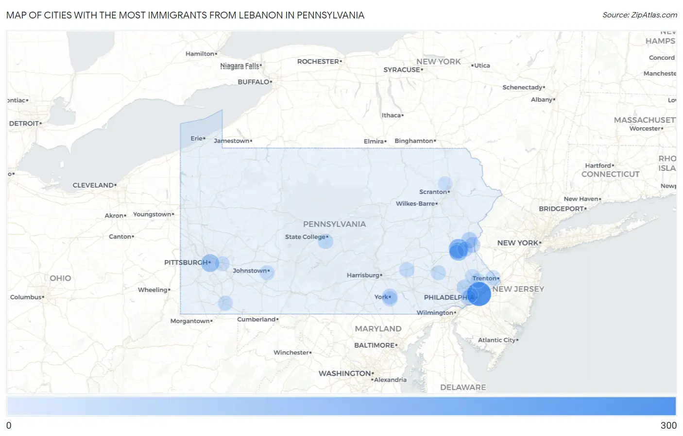 Cities with the Most Immigrants from Lebanon in Pennsylvania Map