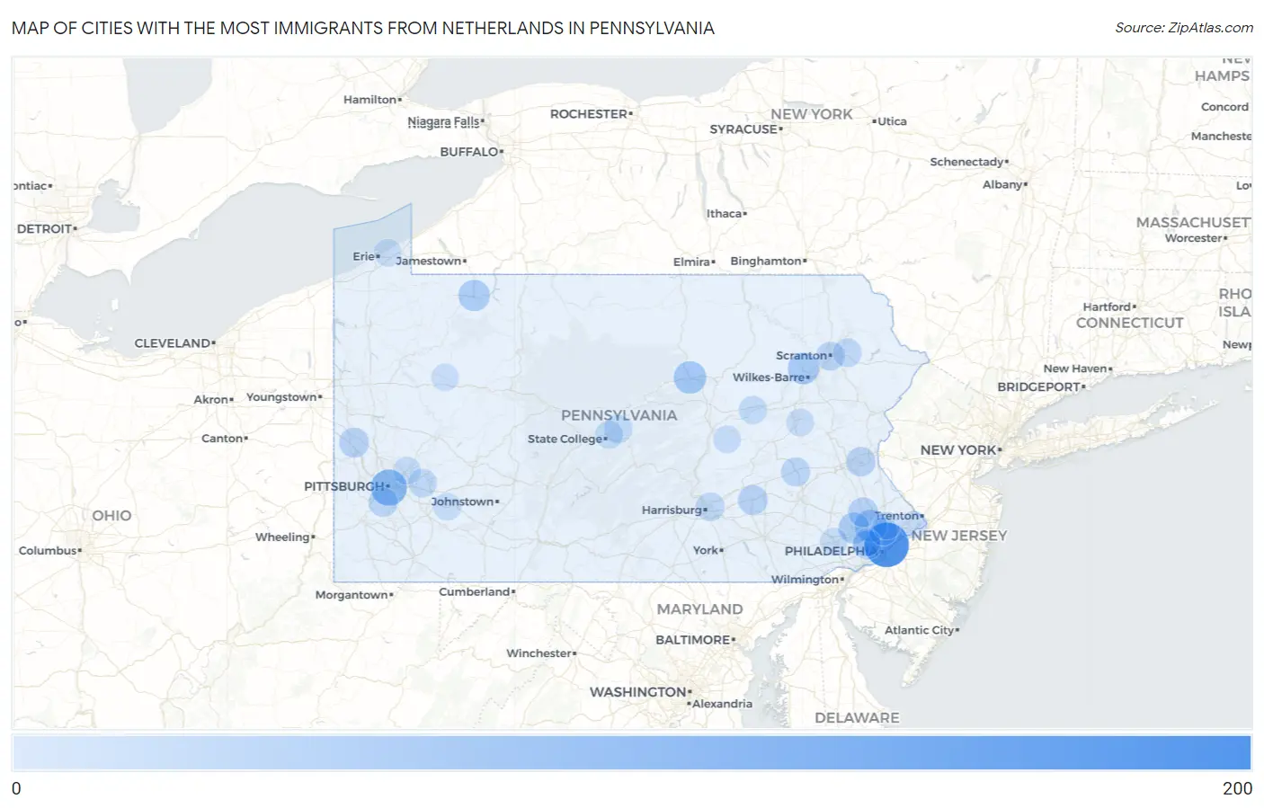 Cities with the Most Immigrants from Netherlands in Pennsylvania Map