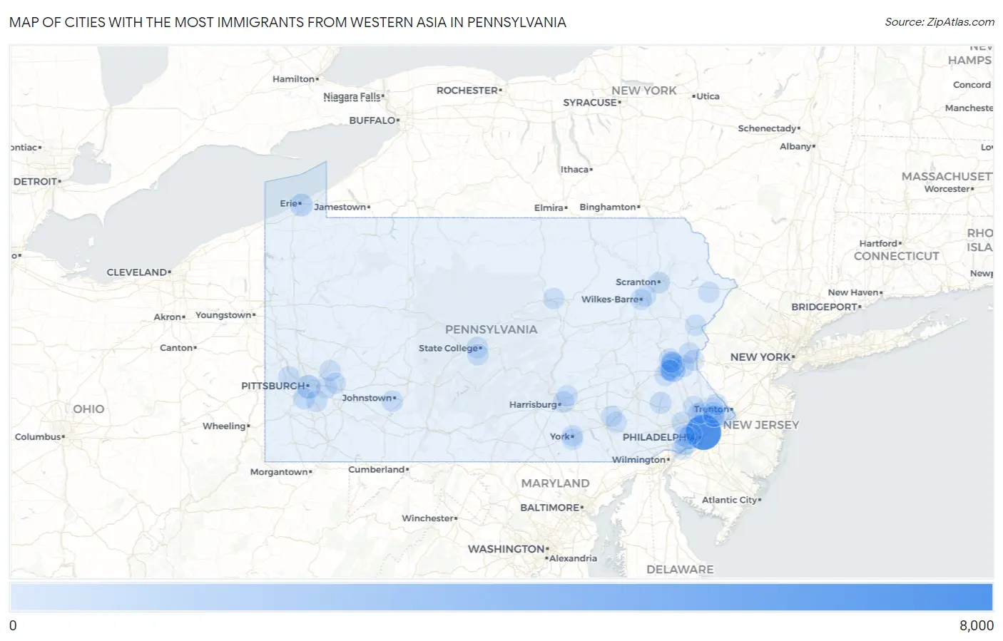 Cities with the Most Immigrants from Western Asia in Pennsylvania Map