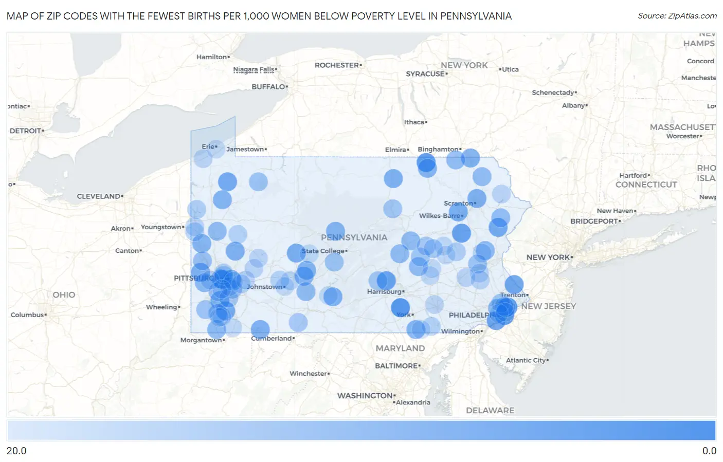 Zip Codes with the Fewest Births per 1,000 Women Below Poverty Level in Pennsylvania Map