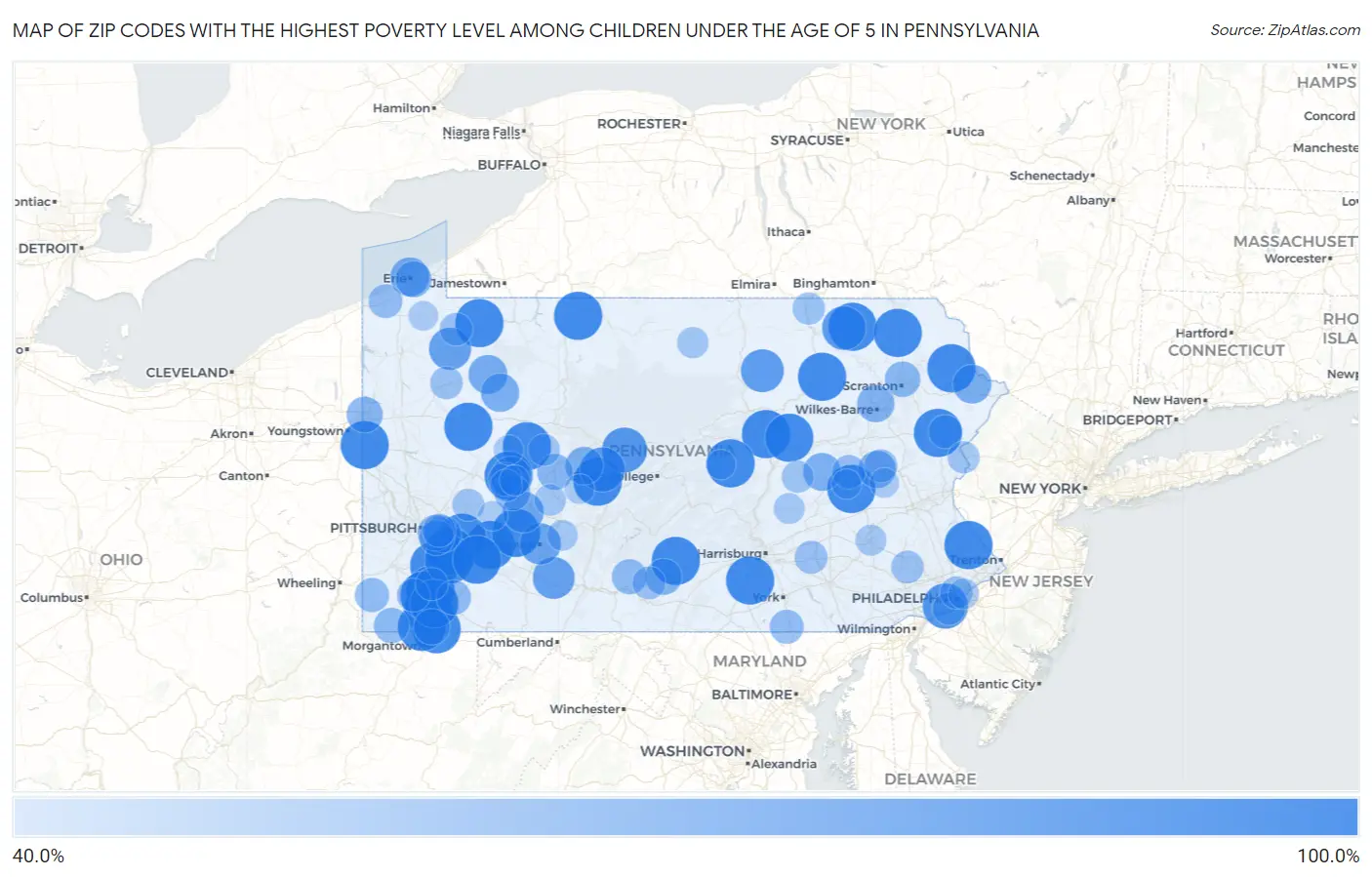 Zip Codes with the Highest Poverty Level Among Children Under the Age of 5 in Pennsylvania Map