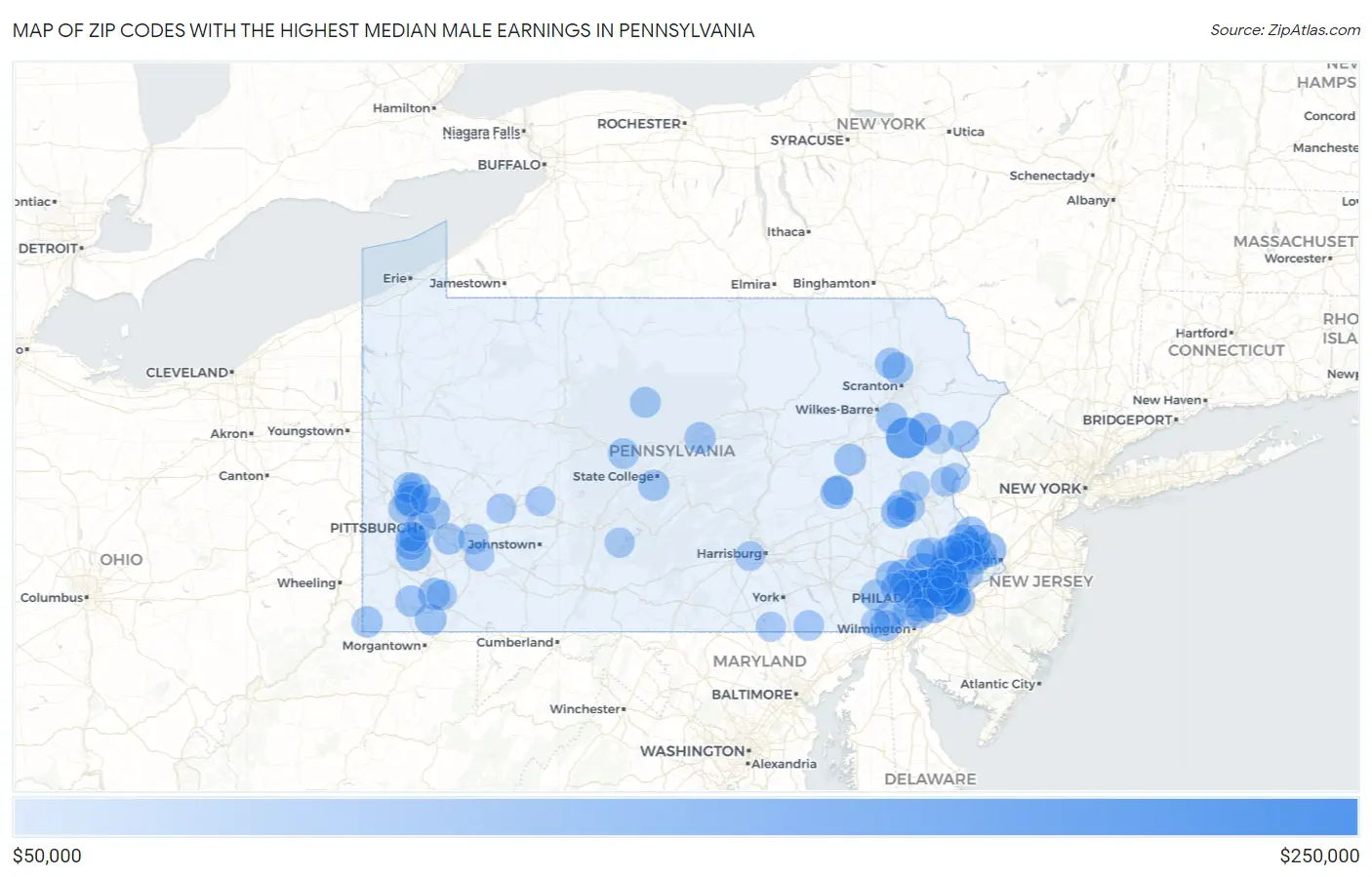 Zip Codes with the Highest Median Male Earnings in Pennsylvania Map