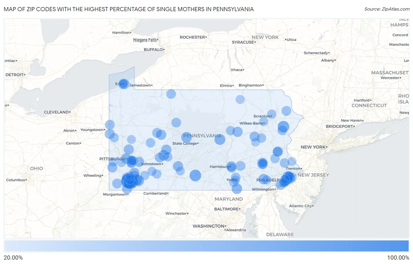 Zip Codes with the Highest Percentage of Single Mothers in Pennsylvania Map