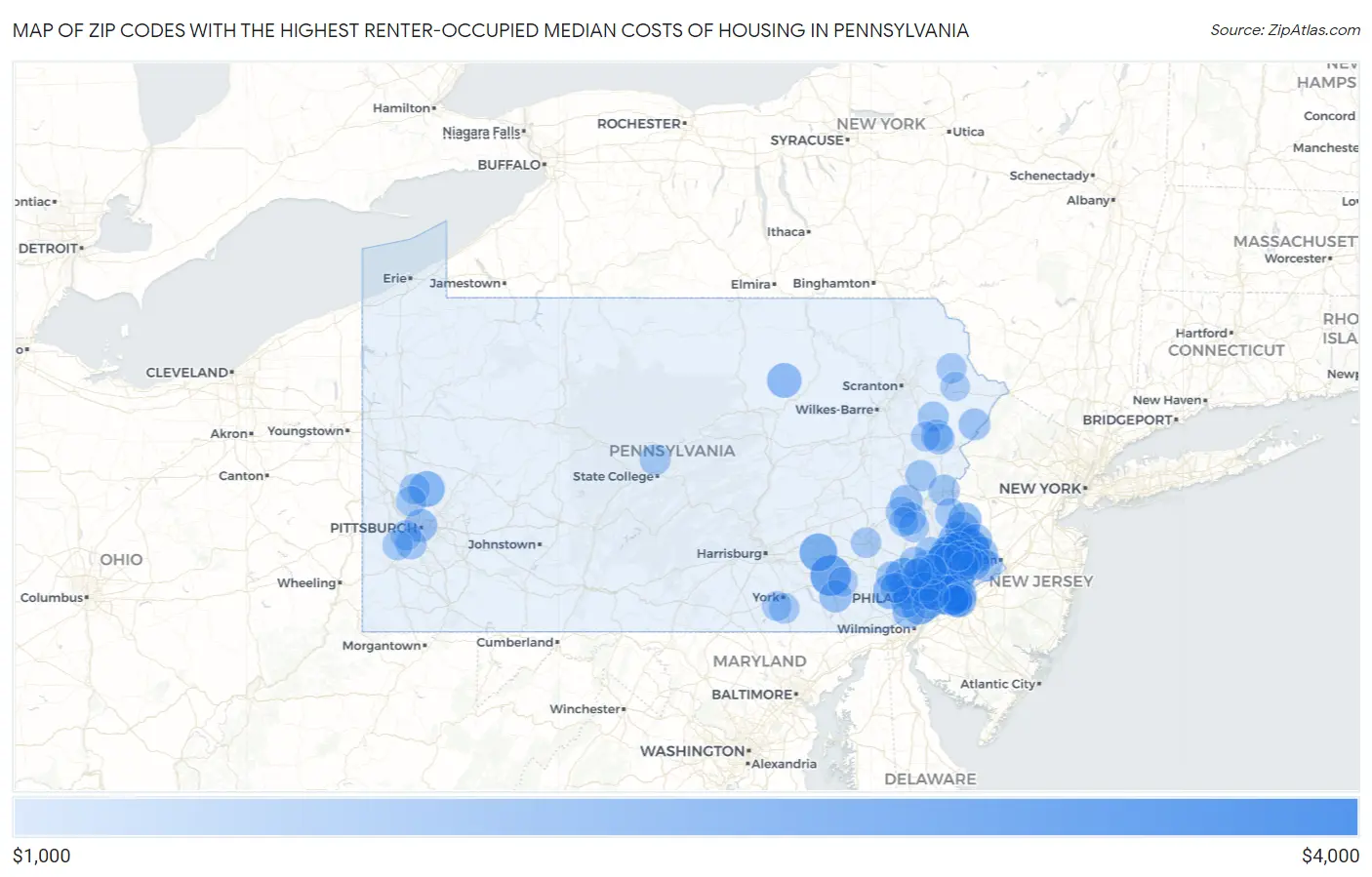 Zip Codes with the Highest Renter-Occupied Median Costs of Housing in Pennsylvania Map
