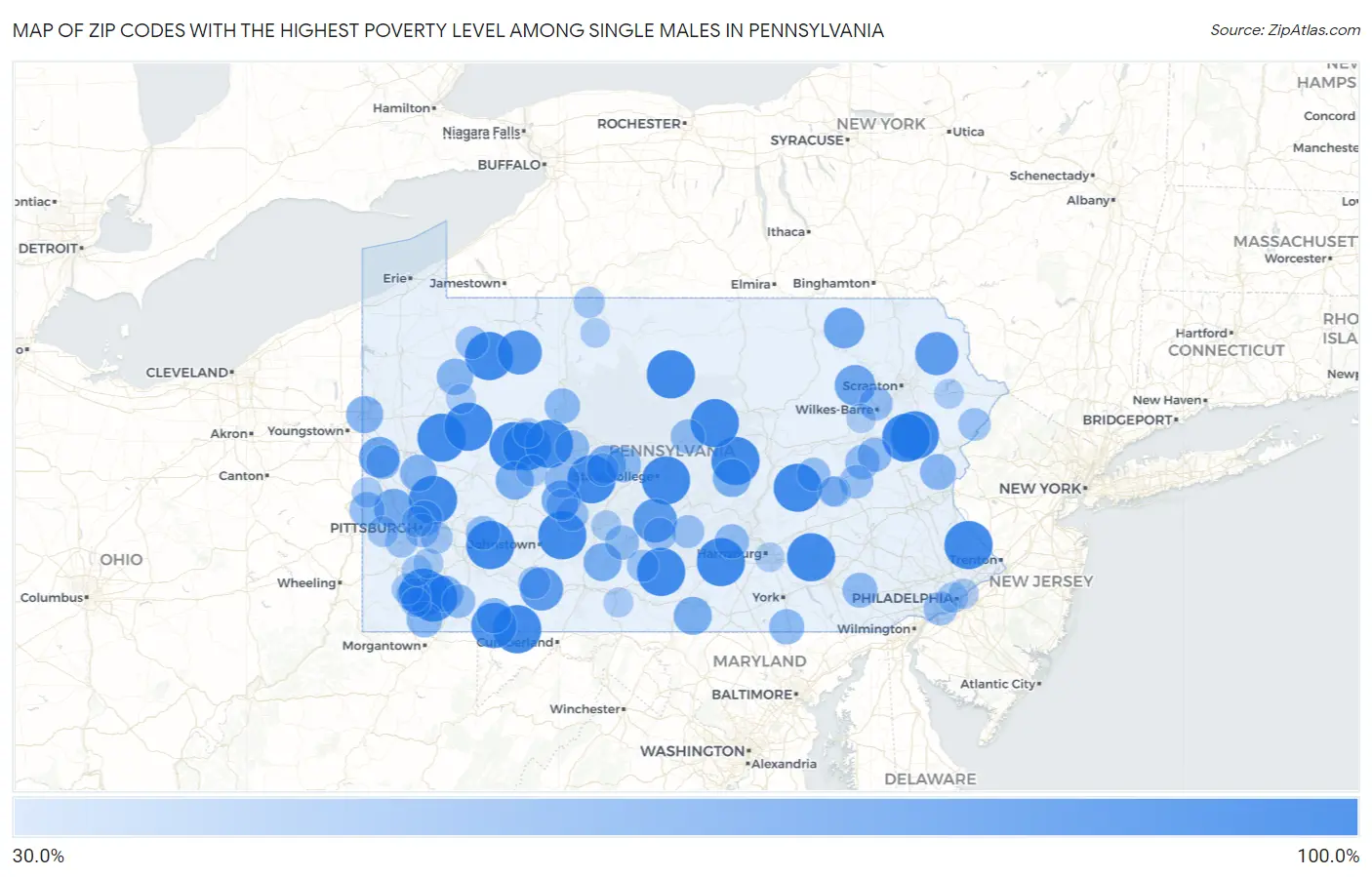 Zip Codes with the Highest Poverty Level Among Single Males in Pennsylvania Map