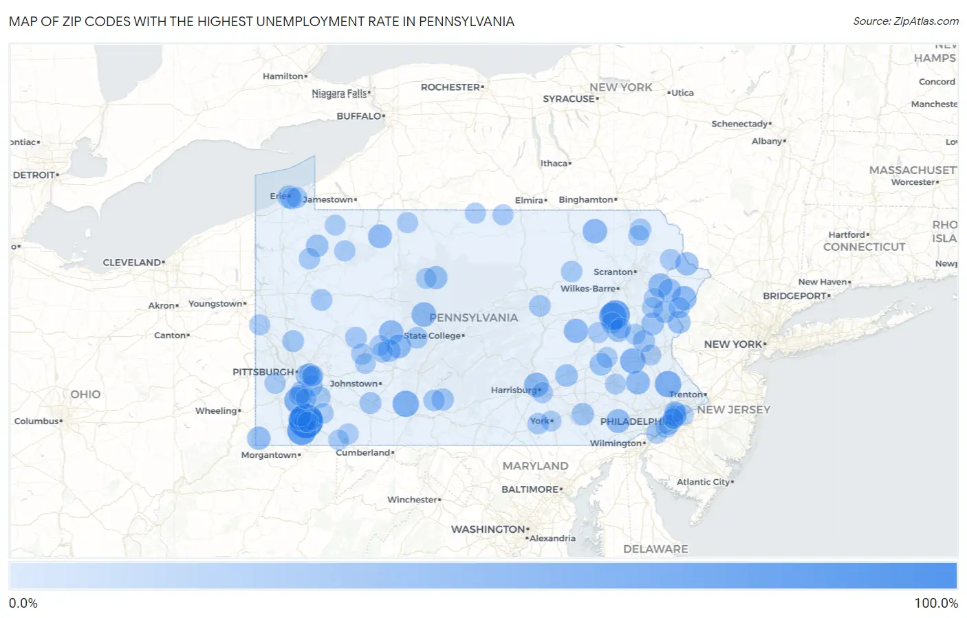 Zip Codes with the Highest Unemployment Rate in Pennsylvania Map