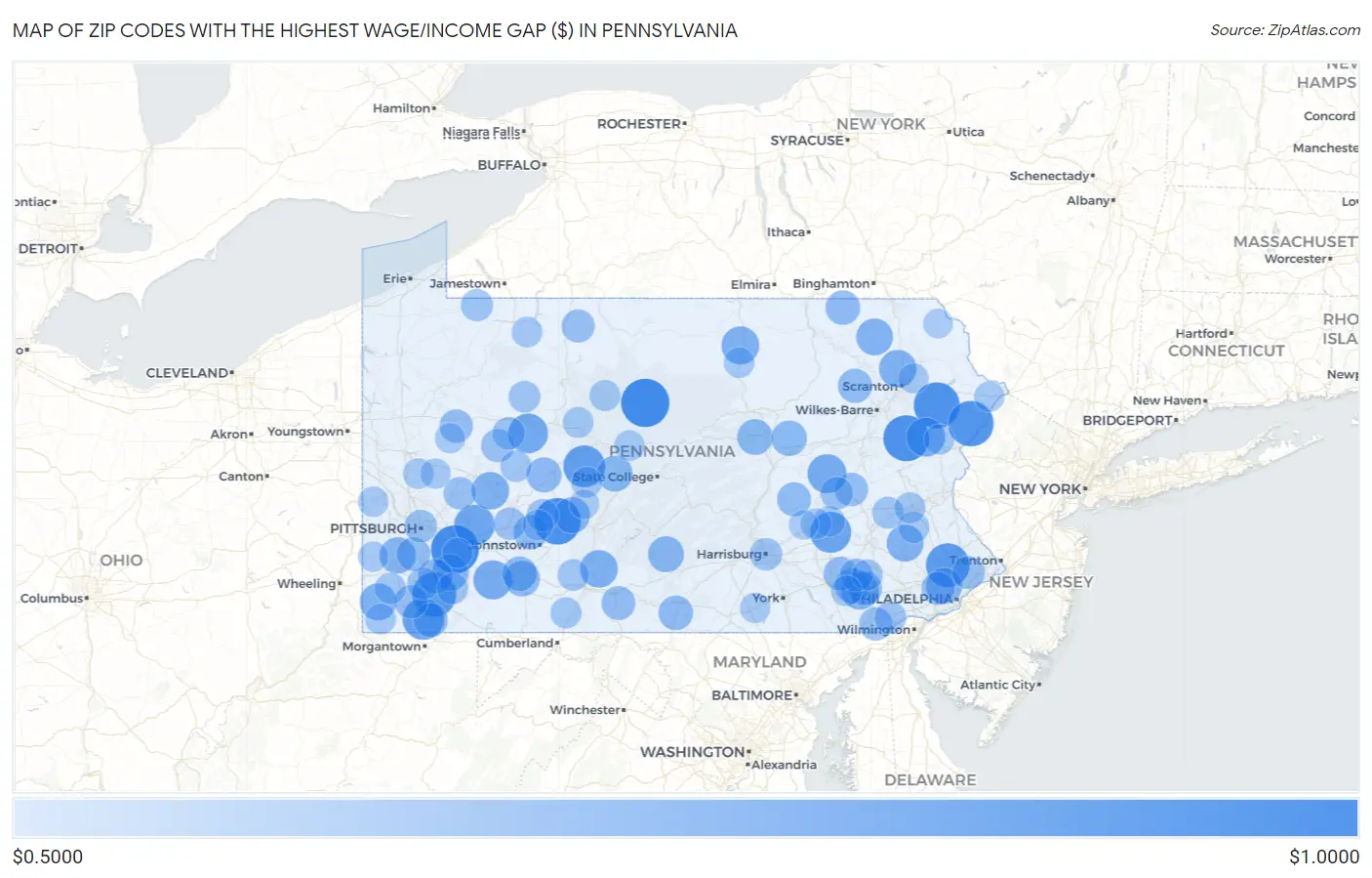 Zip Codes with the Highest Wage/Income Gap ($) in Pennsylvania Map