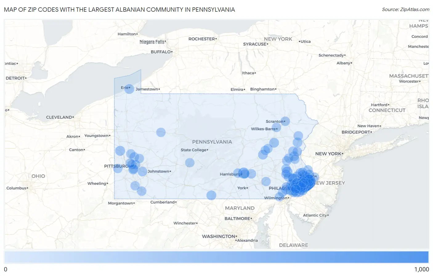 Zip Codes with the Largest Albanian Community in Pennsylvania Map