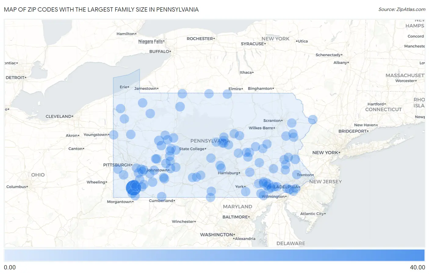 Zip Codes with the Largest Family Size in Pennsylvania Map