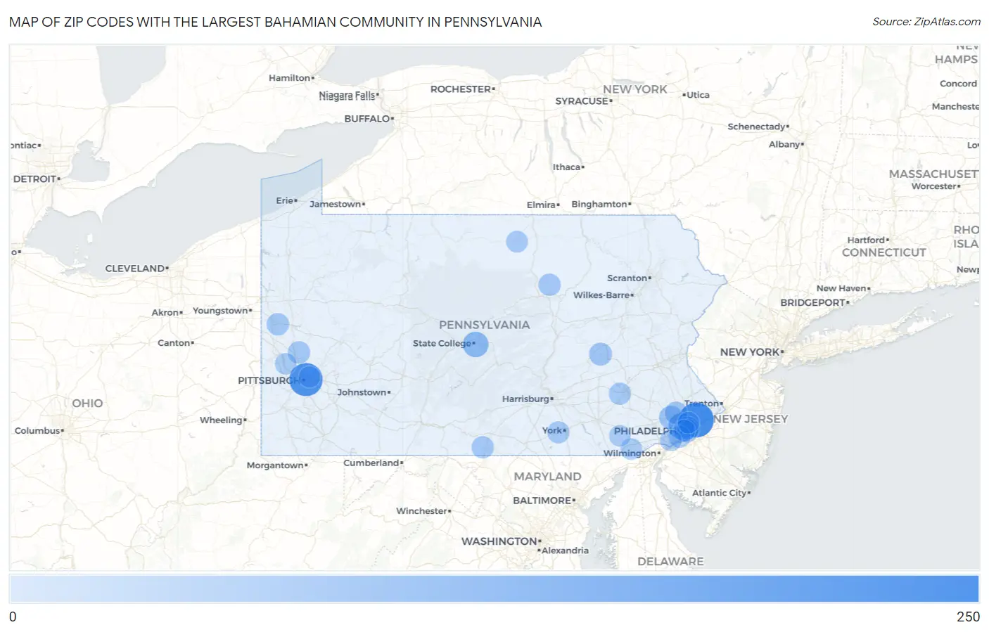 Zip Codes with the Largest Bahamian Community in Pennsylvania Map