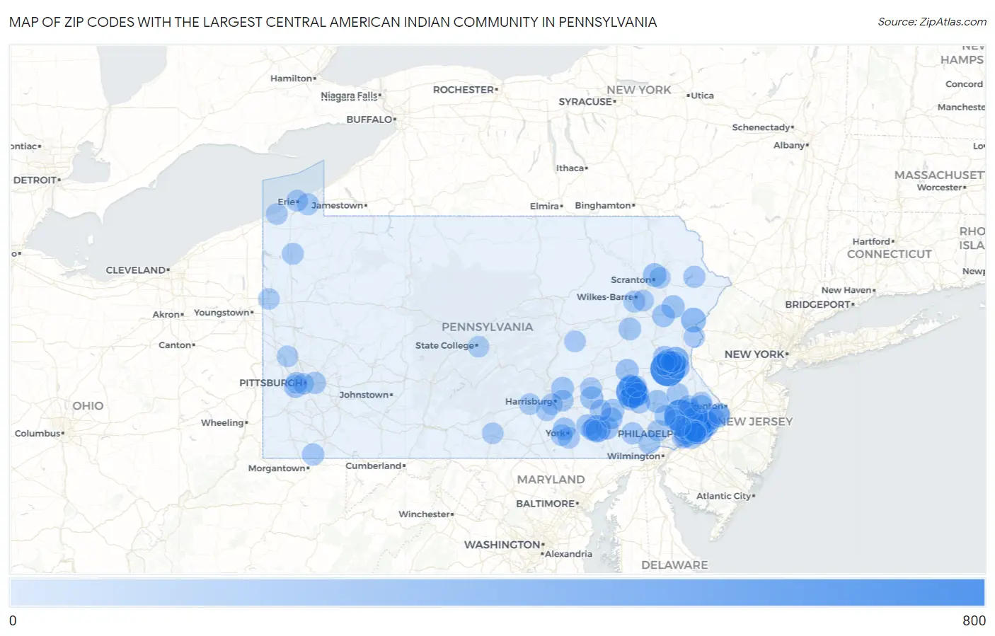 Zip Codes with the Largest Central American Indian Community in Pennsylvania Map