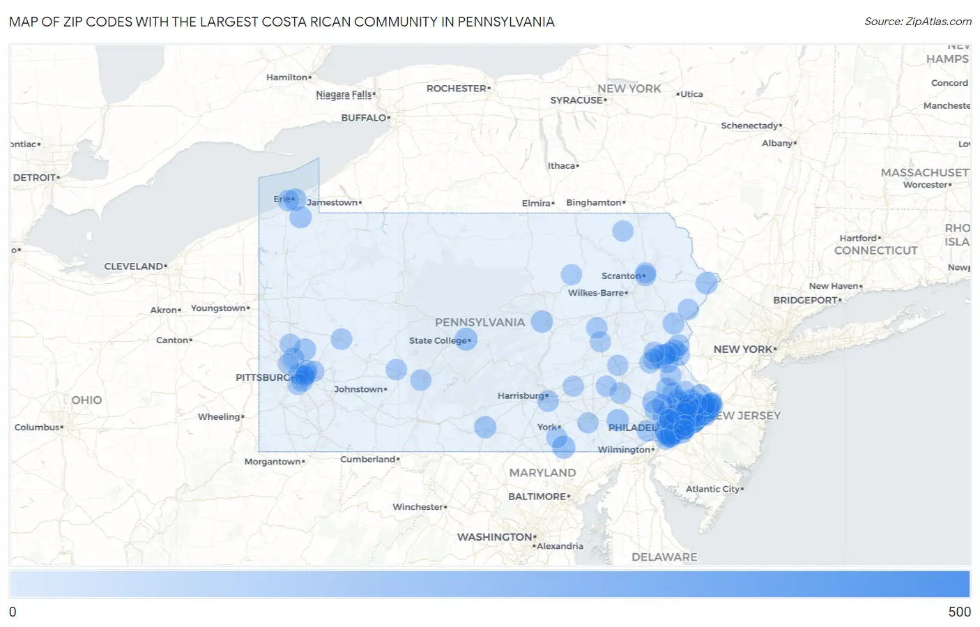 Zip Codes with the Largest Costa Rican Community in Pennsylvania Map
