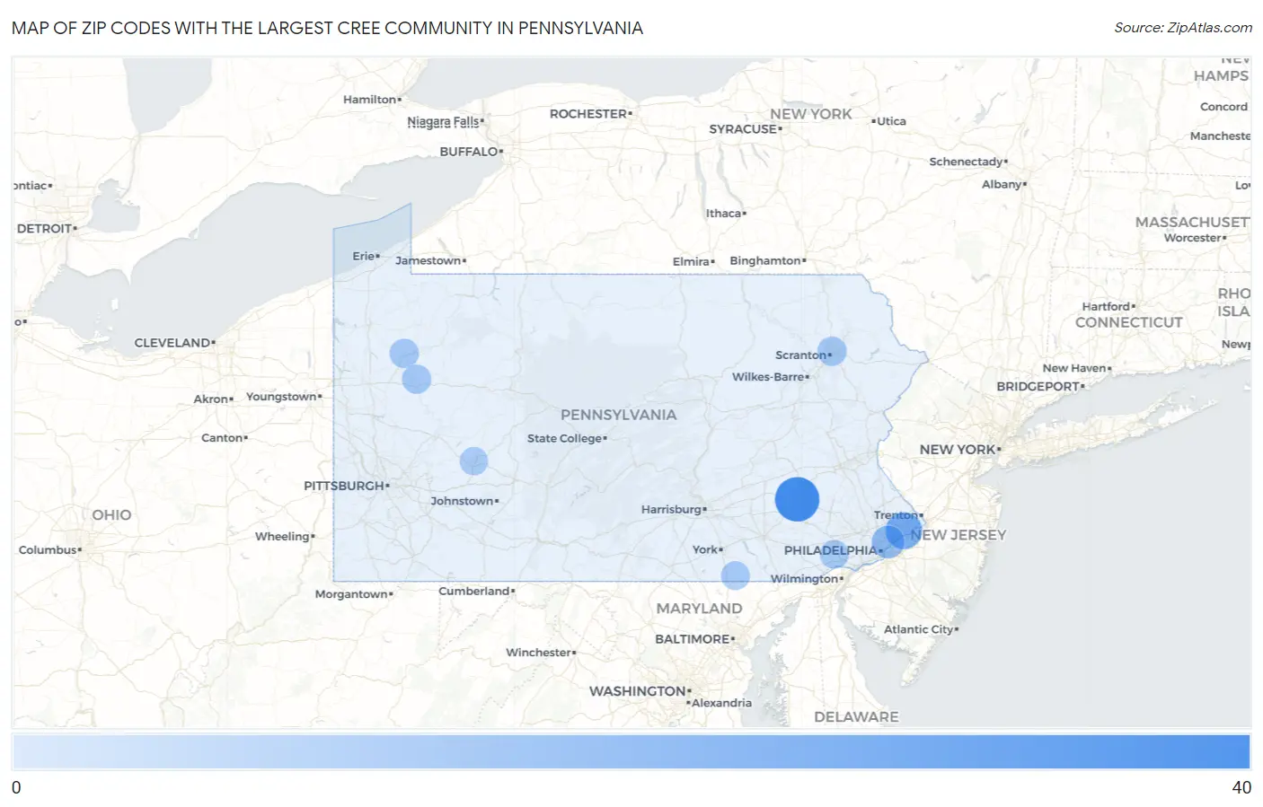 Zip Codes with the Largest Cree Community in Pennsylvania Map