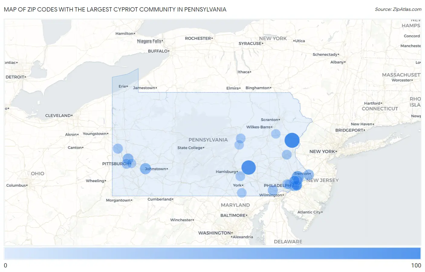 Zip Codes with the Largest Cypriot Community in Pennsylvania Map