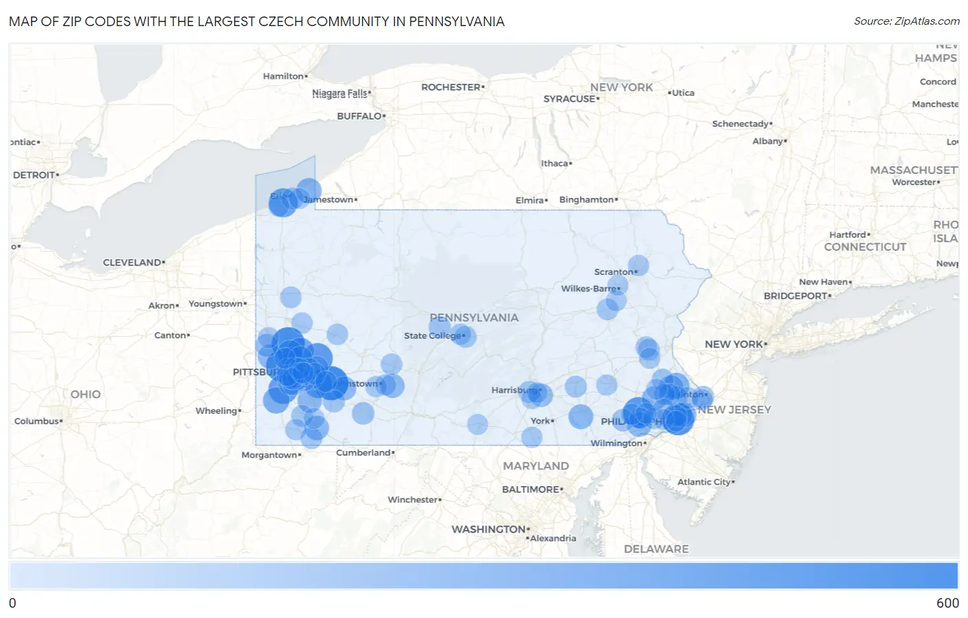 Zip Codes with the Largest Czech Community in Pennsylvania Map