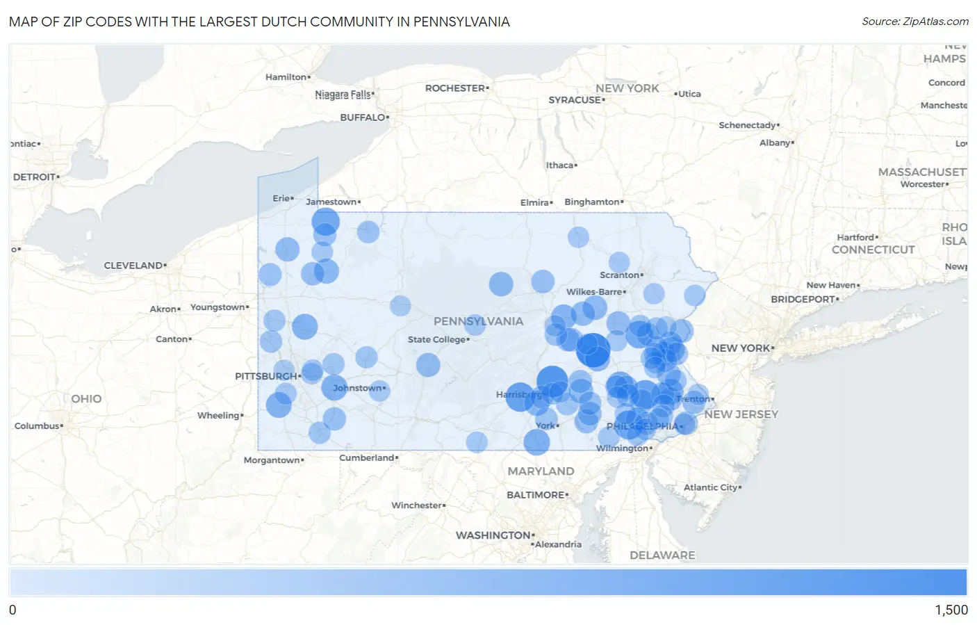 Zip Codes with the Largest Dutch Community in Pennsylvania Map