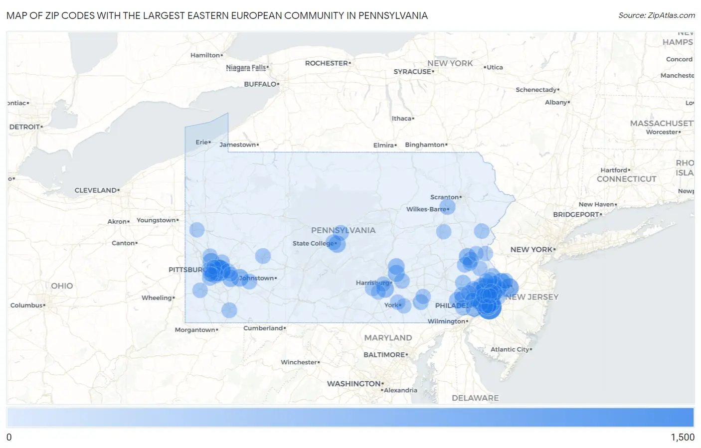 Zip Codes with the Largest Eastern European Community in Pennsylvania Map