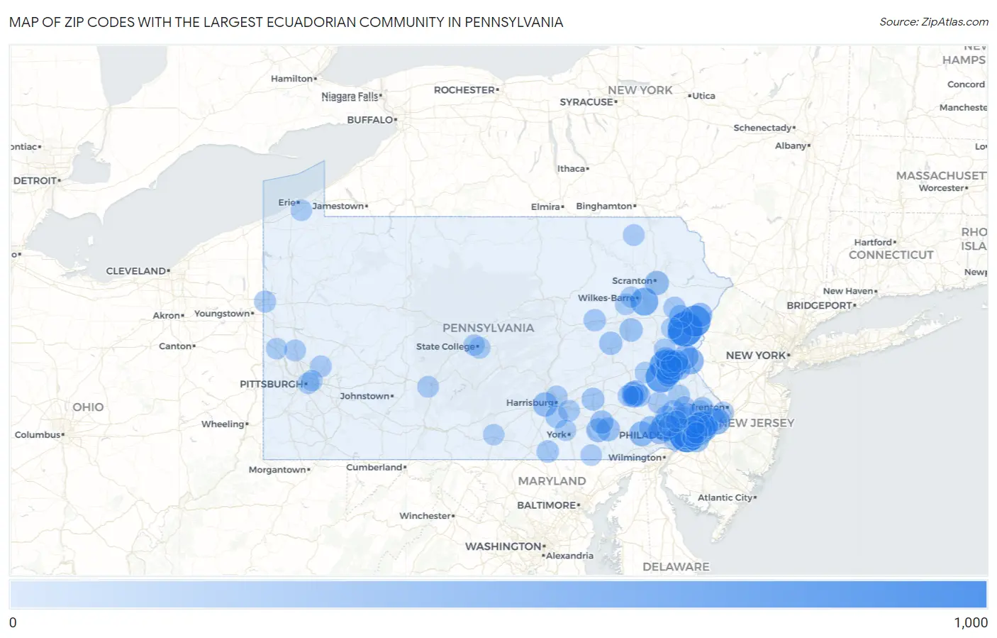 Zip Codes with the Largest Ecuadorian Community in Pennsylvania Map