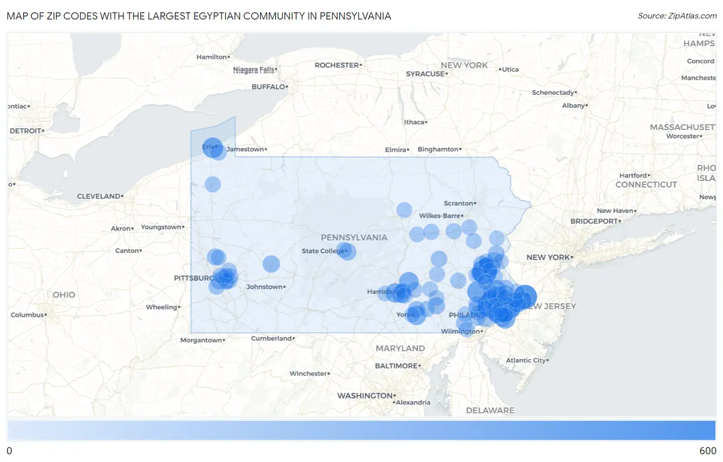Zip Codes with the Largest Egyptian Community in Pennsylvania Map