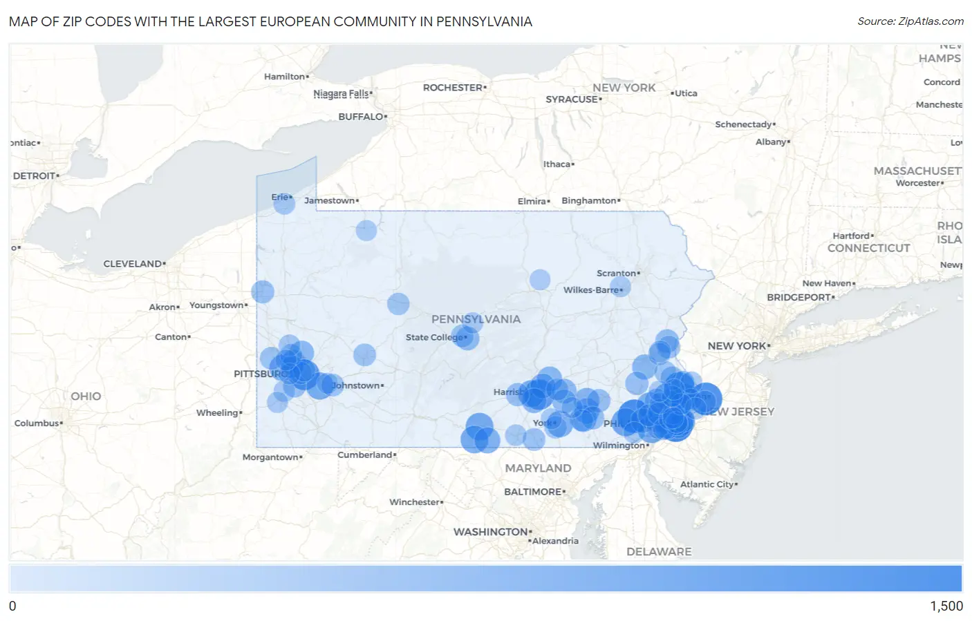 Zip Codes with the Largest European Community in Pennsylvania Map