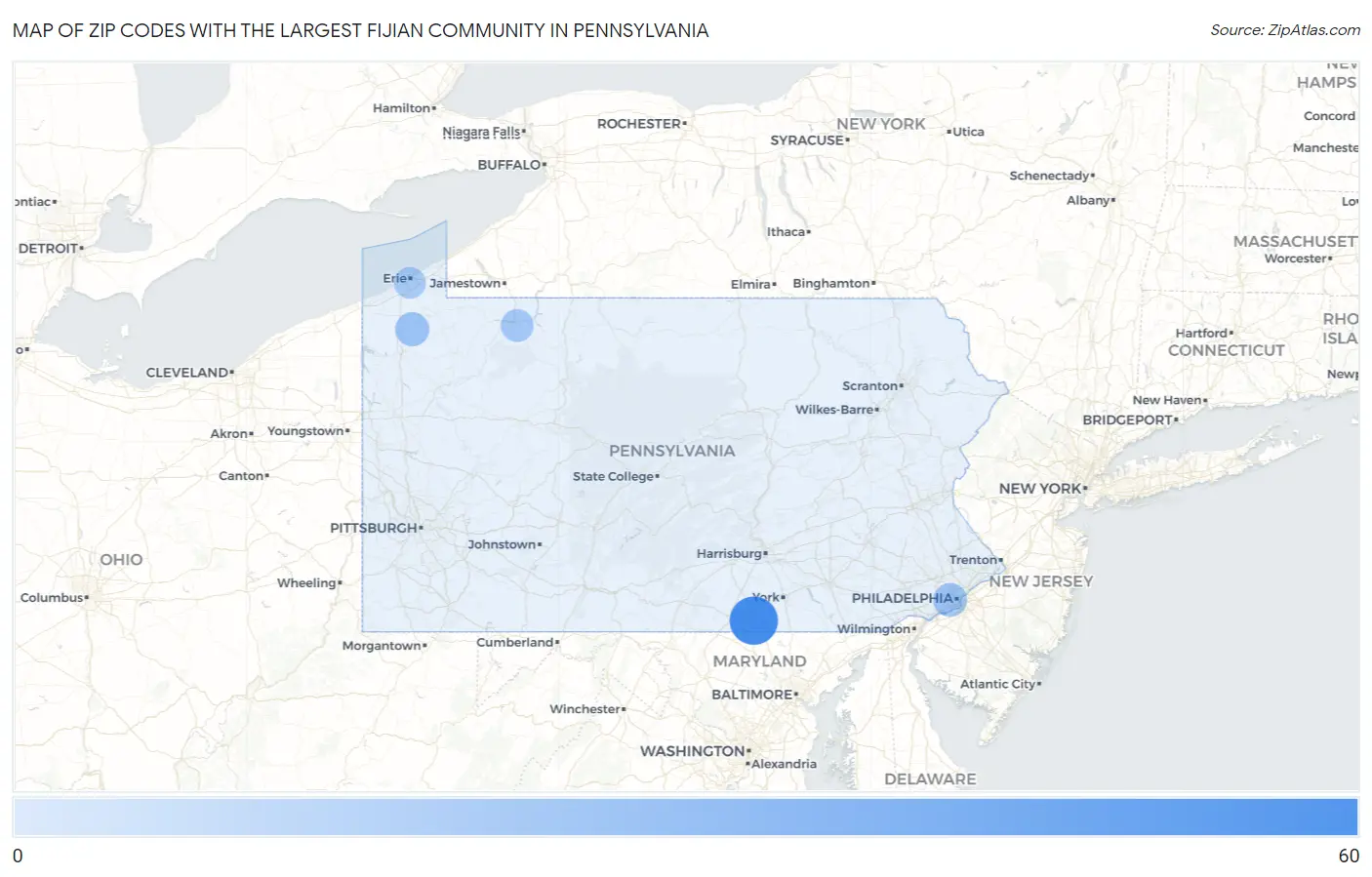 Zip Codes with the Largest Fijian Community in Pennsylvania Map
