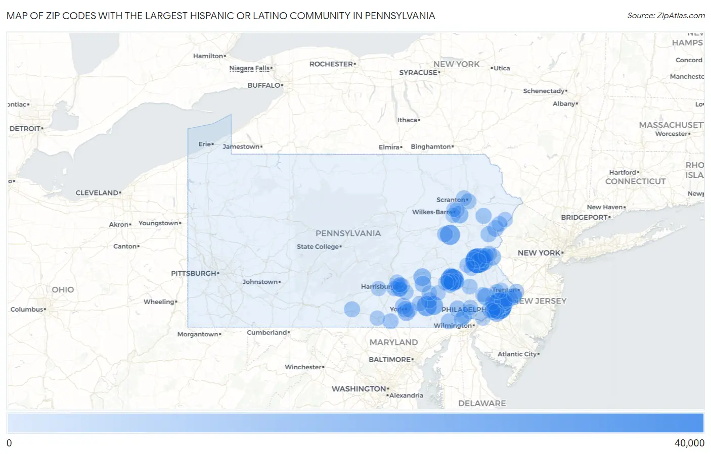 Zip Codes with the Largest Hispanic or Latino Community in Pennsylvania Map