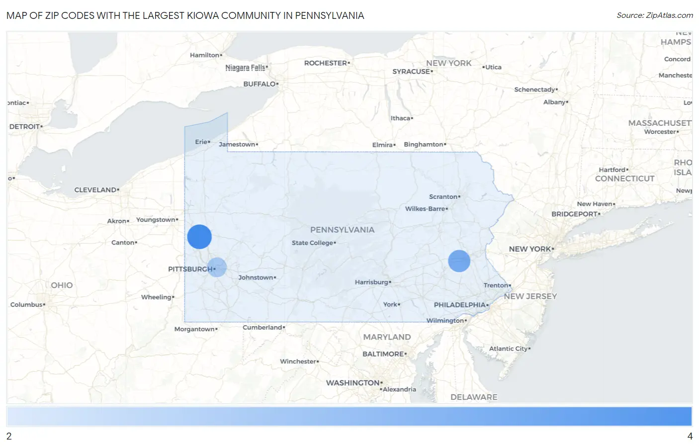 Zip Codes with the Largest Kiowa Community in Pennsylvania Map