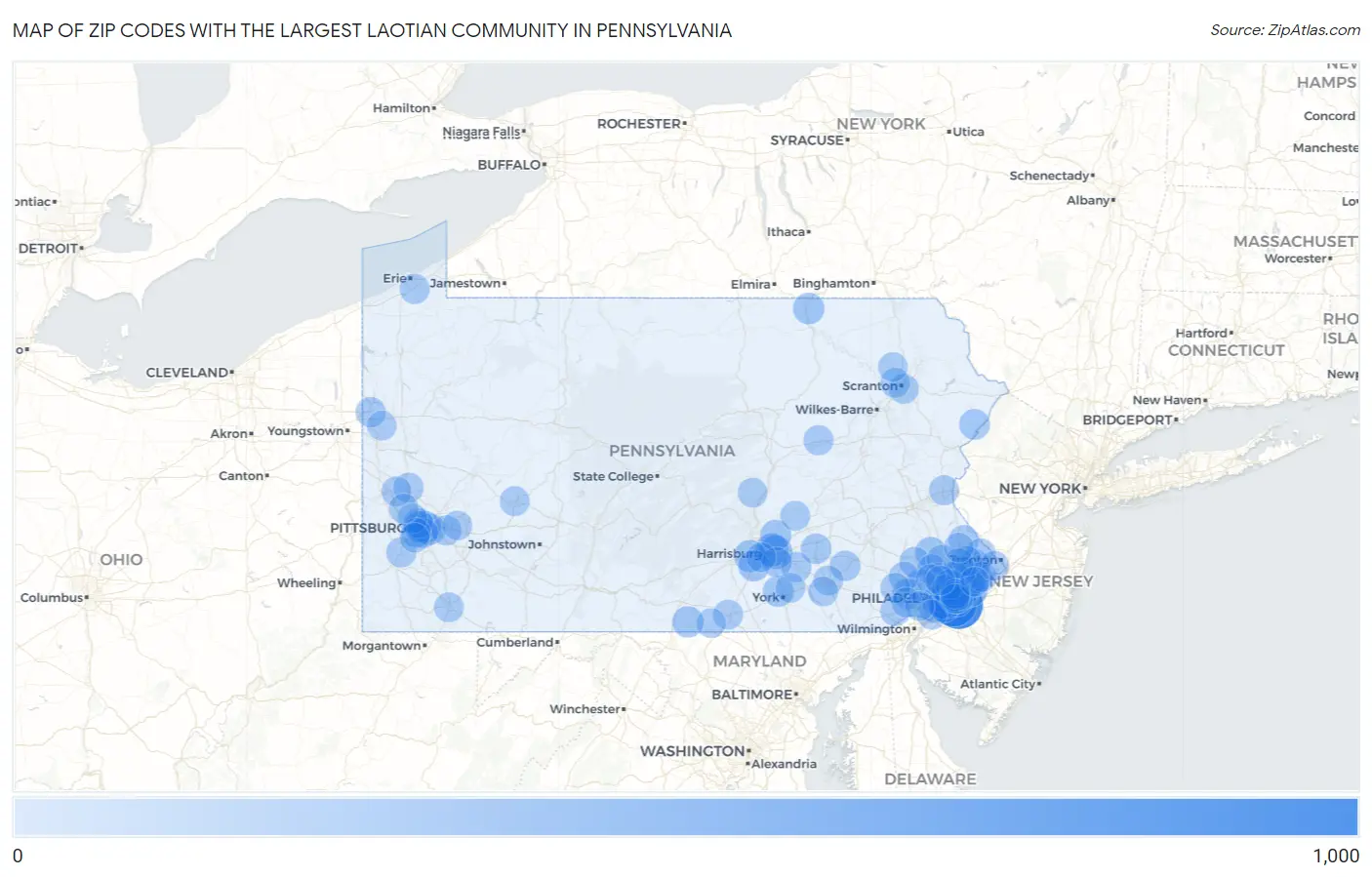 Zip Codes with the Largest Laotian Community in Pennsylvania Map