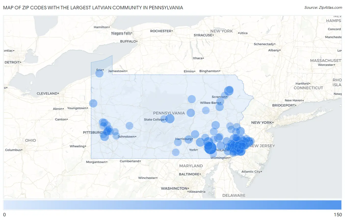 Zip Codes with the Largest Latvian Community in Pennsylvania Map