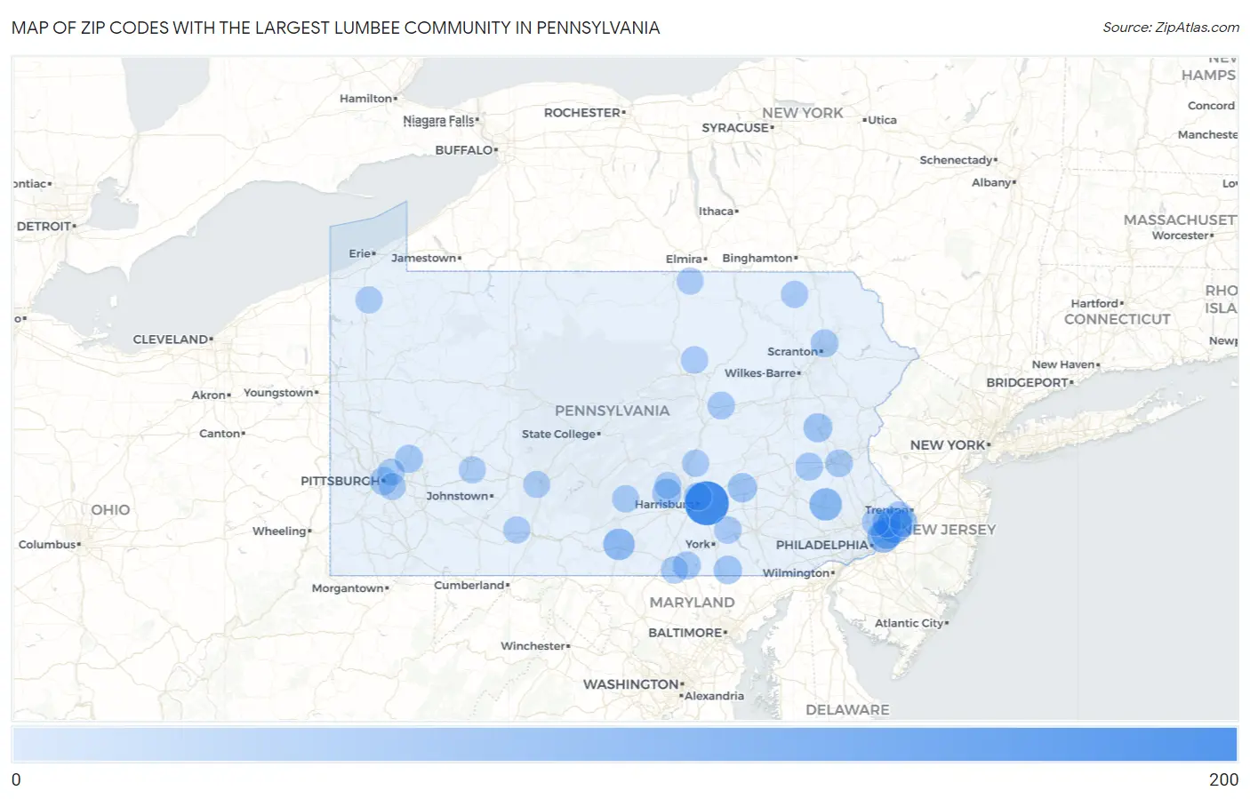 Zip Codes with the Largest Lumbee Community in Pennsylvania Map