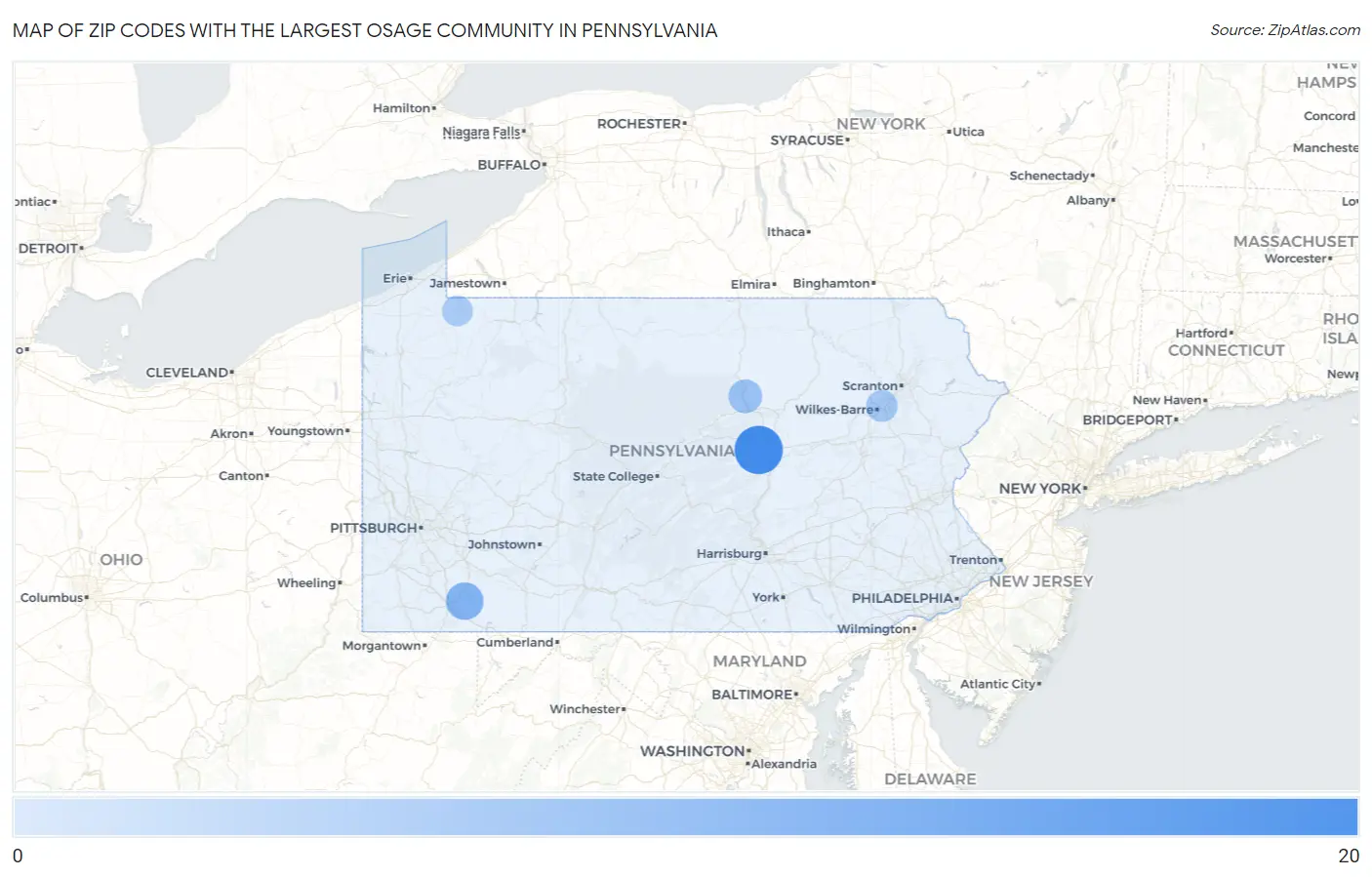 Zip Codes with the Largest Osage Community in Pennsylvania Map