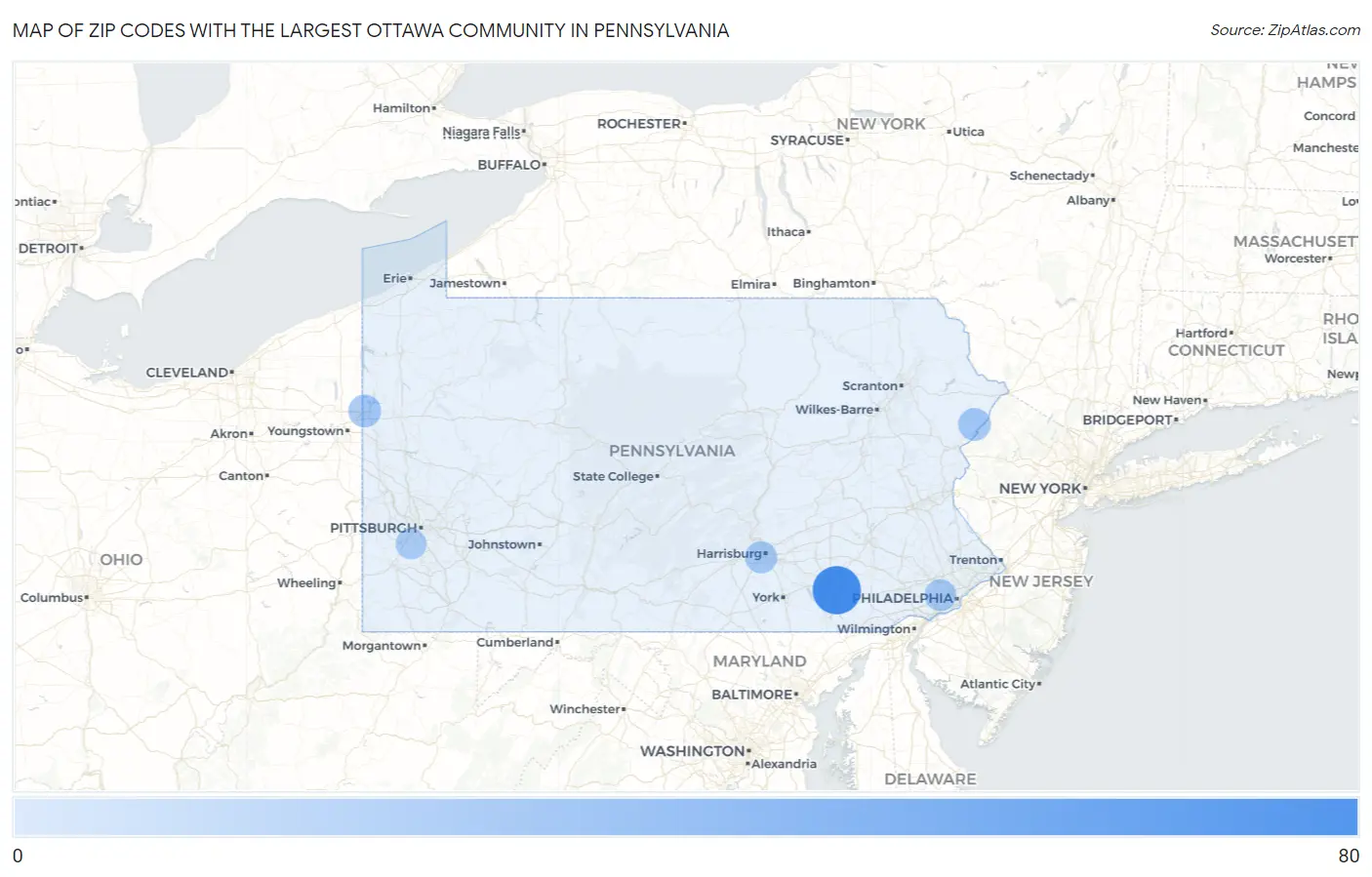 Zip Codes with the Largest Ottawa Community in Pennsylvania Map
