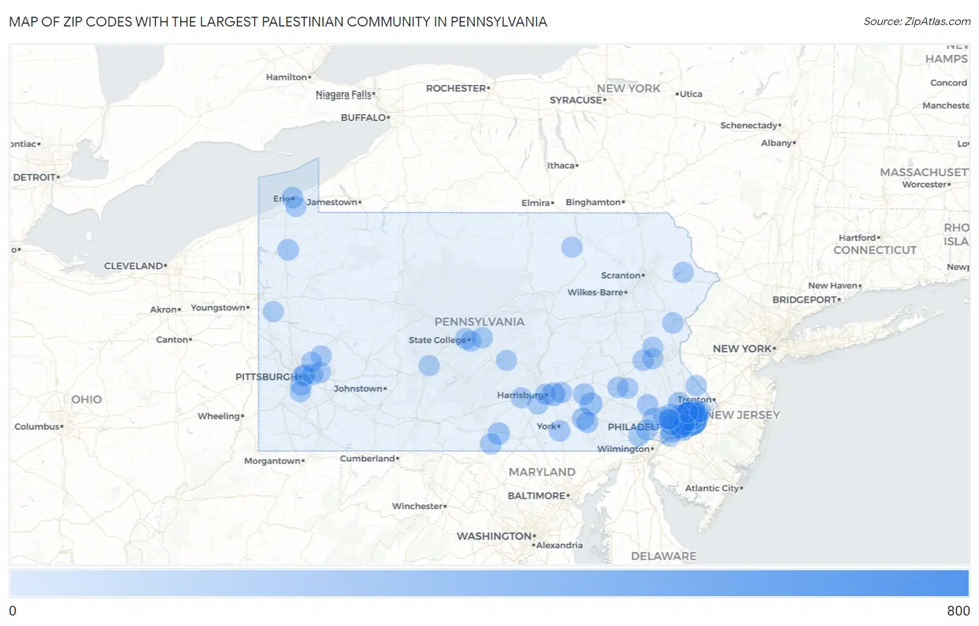 Zip Codes with the Largest Palestinian Community in Pennsylvania Map