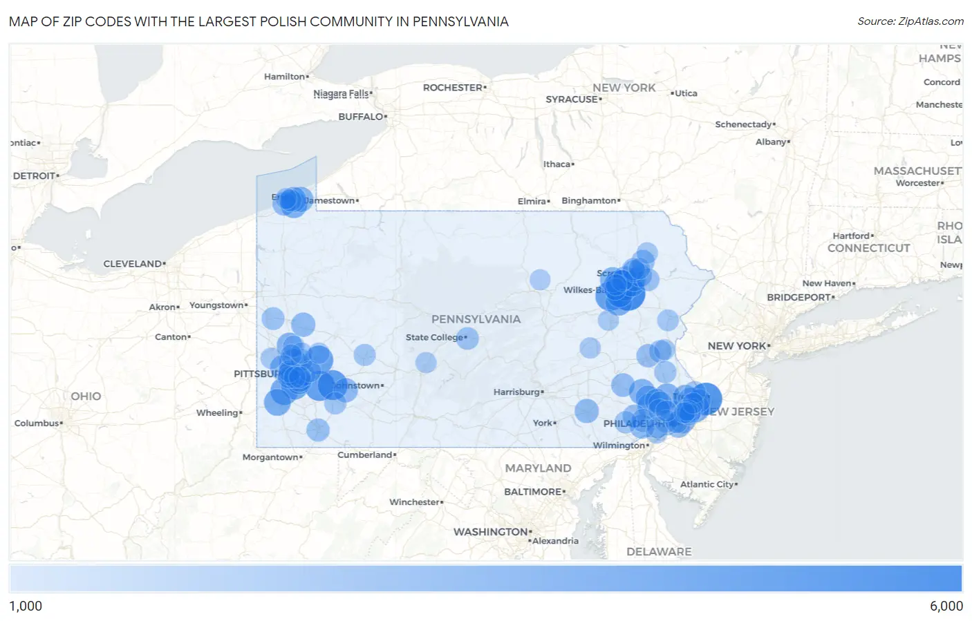 Zip Codes with the Largest Polish Community in Pennsylvania Map