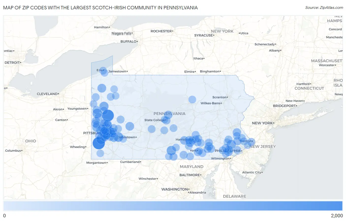 Zip Codes with the Largest Scotch-Irish Community in Pennsylvania Map