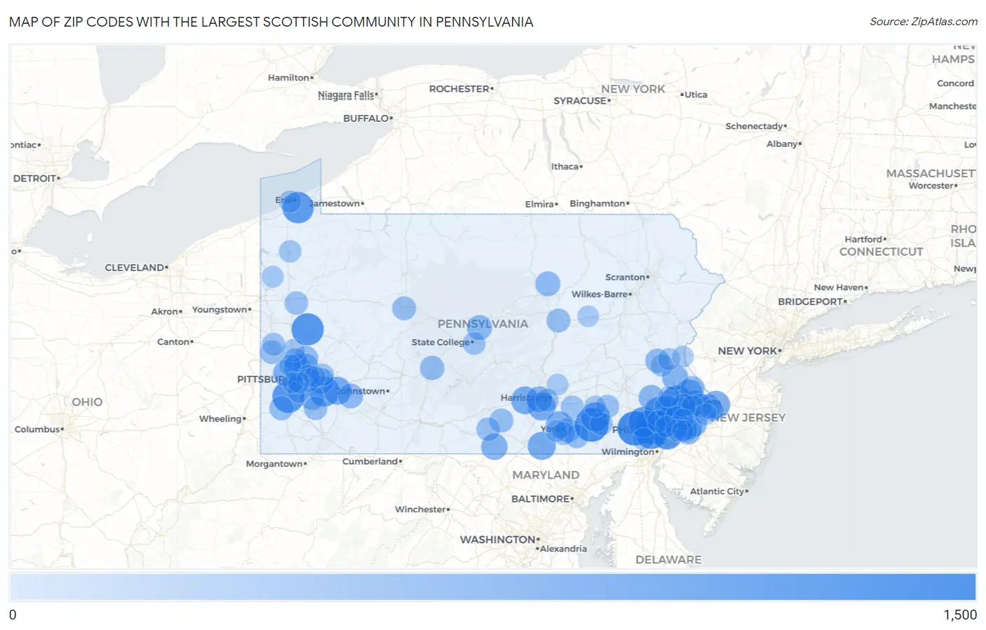 Zip Codes with the Largest Scottish Community in Pennsylvania Map